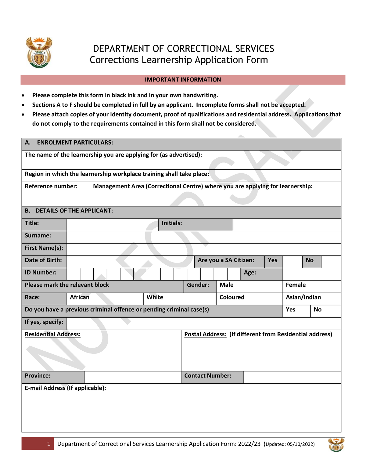 Learnership Application Form Sections A to F should be completed in