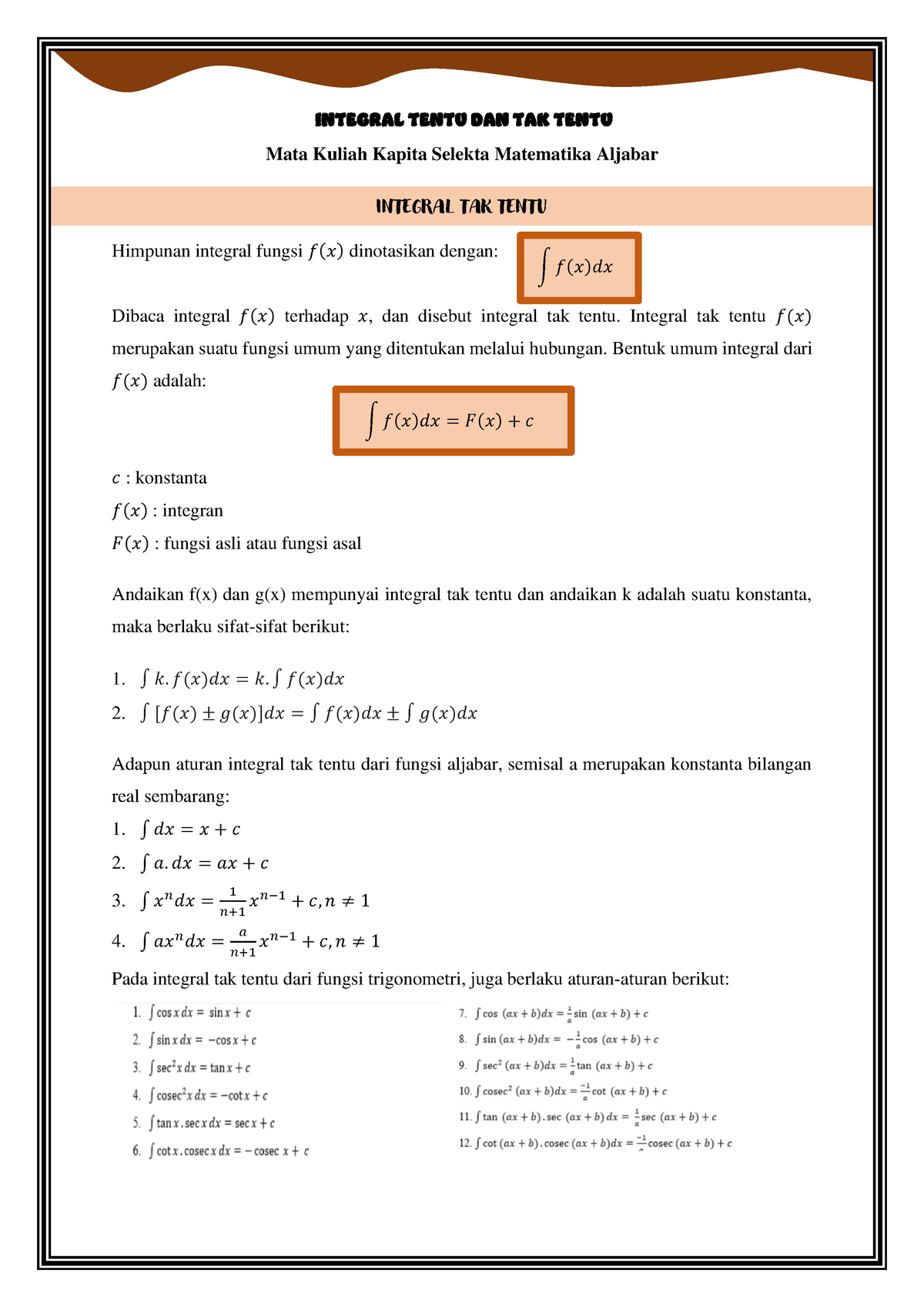 Integral Tentu Dan Tak Tentu - INTEGRAL TENTU DAN TAK TENTU Mata Kuliah ...