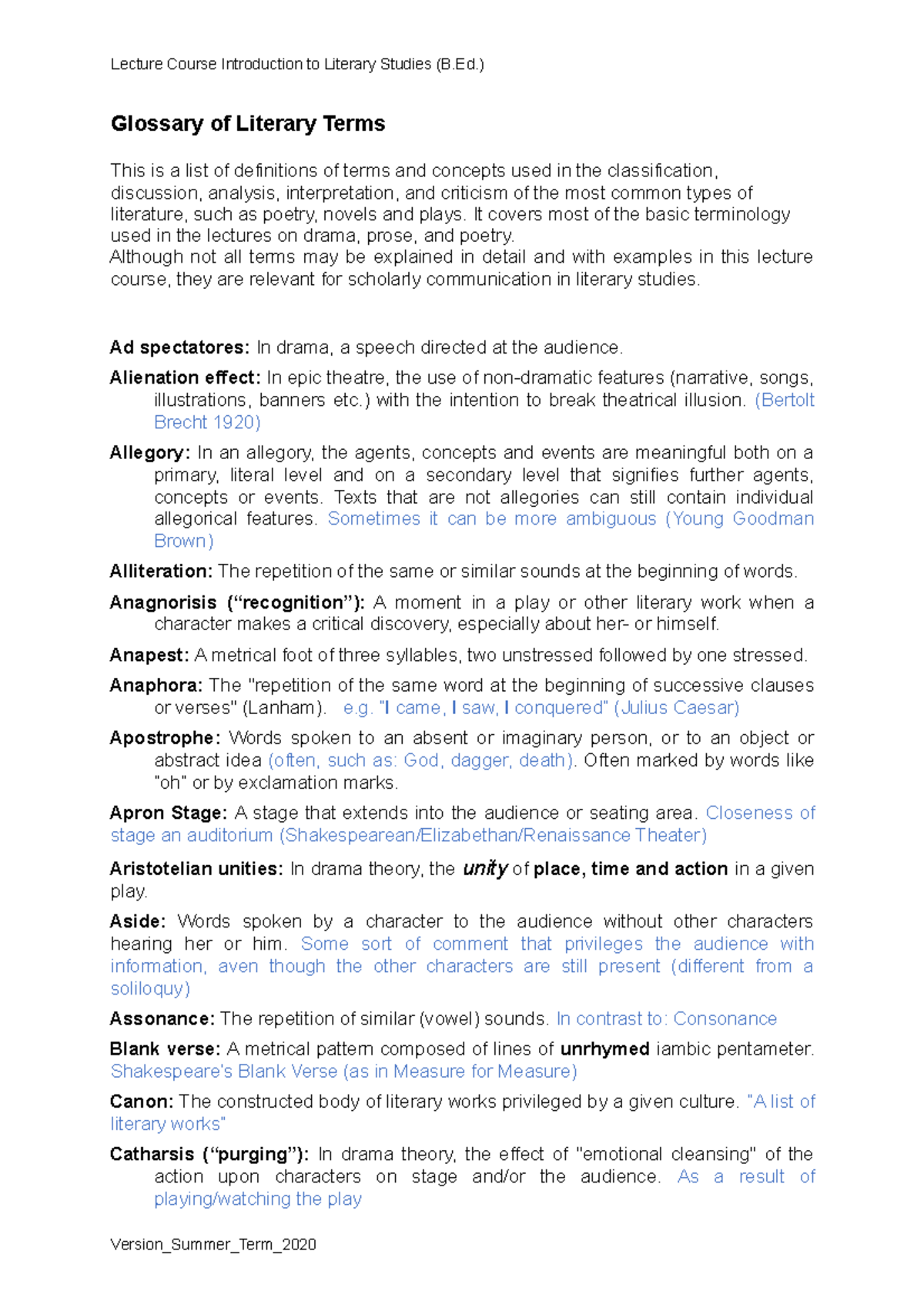 Extended Glossary + Exam Prep - Glossary Of Literary Terms This Is A ...