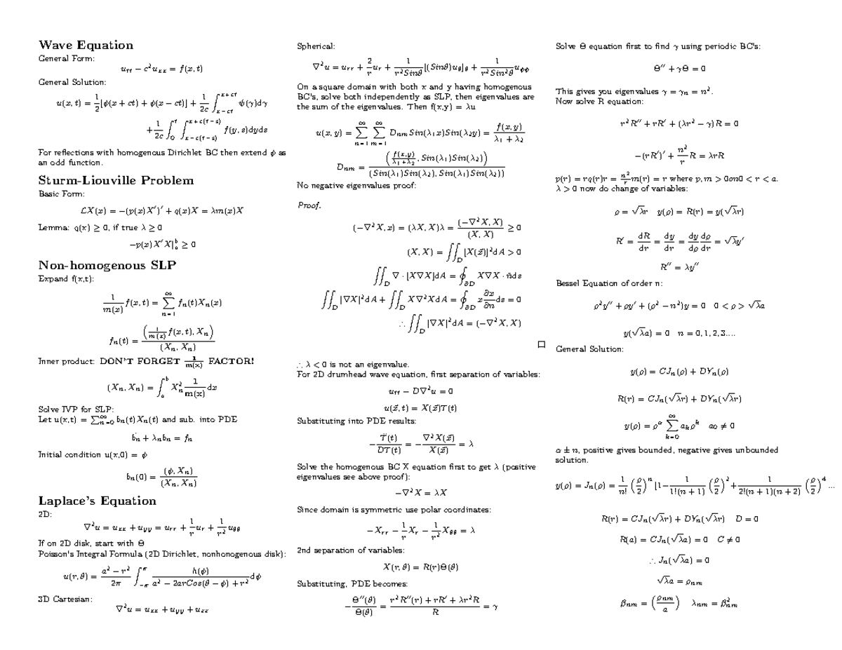 Math Formula Sheet Wave Equation General Form utt−c 2 uxx=f(x,t