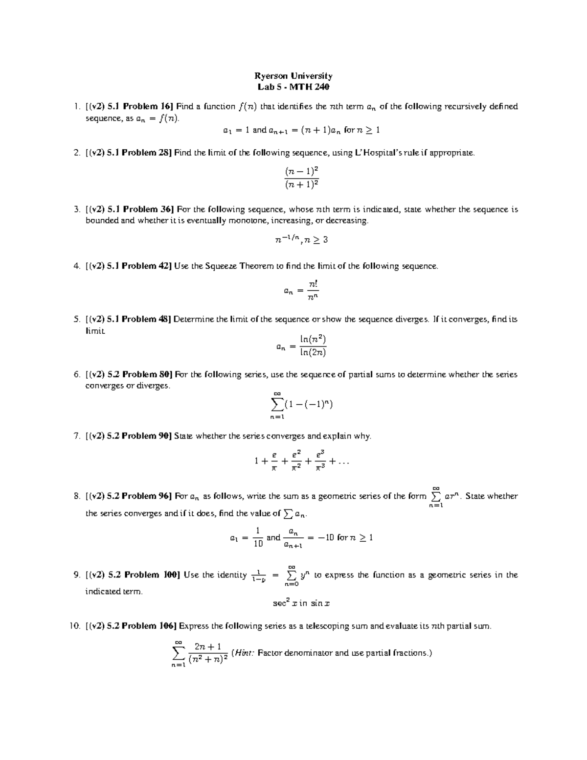 MTH240 - Lab 5 - Math calculus labs for practice - Ryerson University ...