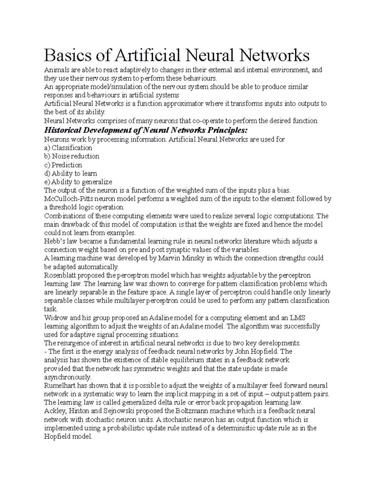 AI Notes - Basics of Artificial Neural Networks Animals are able to ...