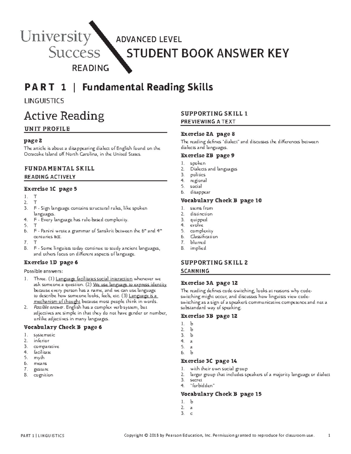 US Reading Adv SB Answer Key - PART 1 | LINGUISTICS Copyright © 2018 by ...