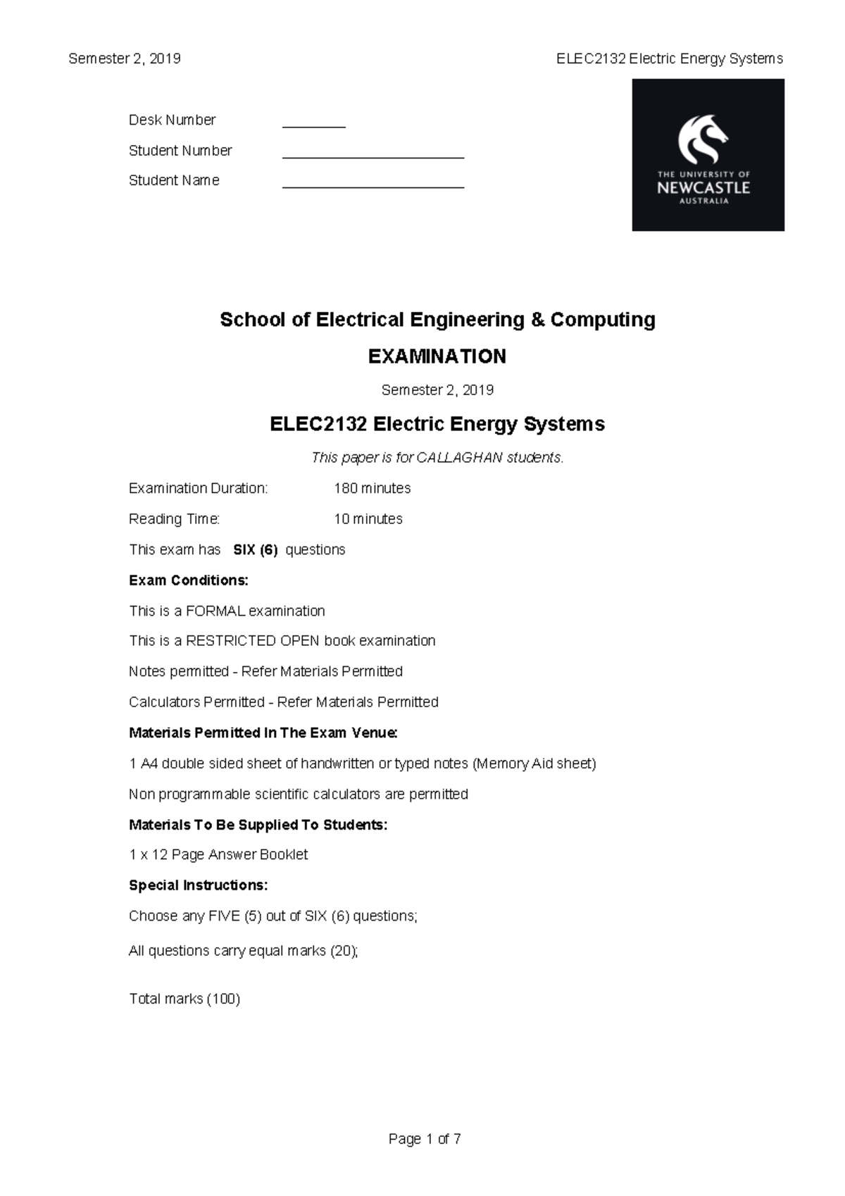 ELEC2132 S2 2019 Exam Front Page - Semester 2, 2019 ELEC2132 Electric ...