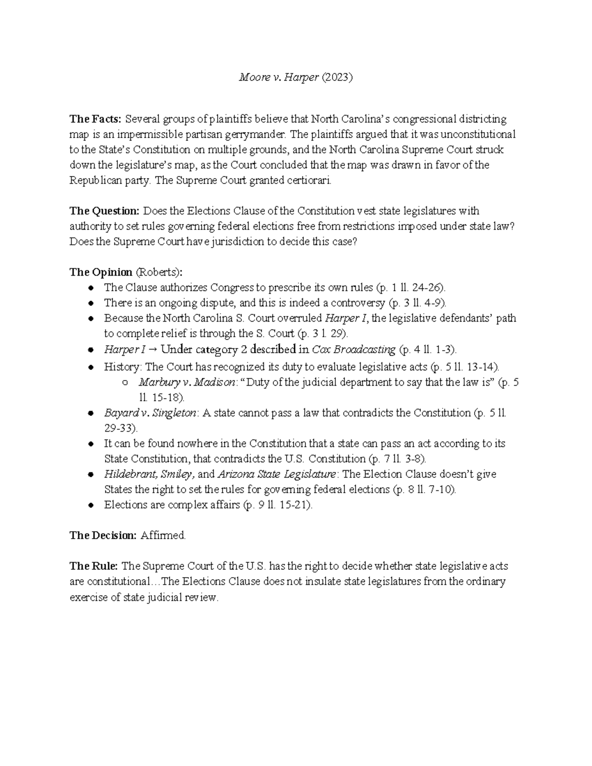 Moore v. Harper Brief Moore v. Harper (2023) The Facts Several