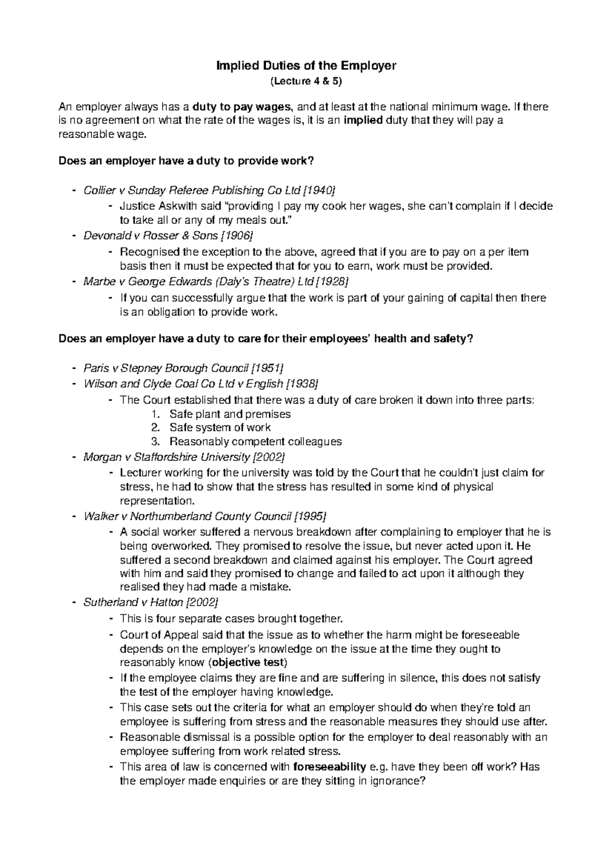 Implied Duties of the Employer - Studocu