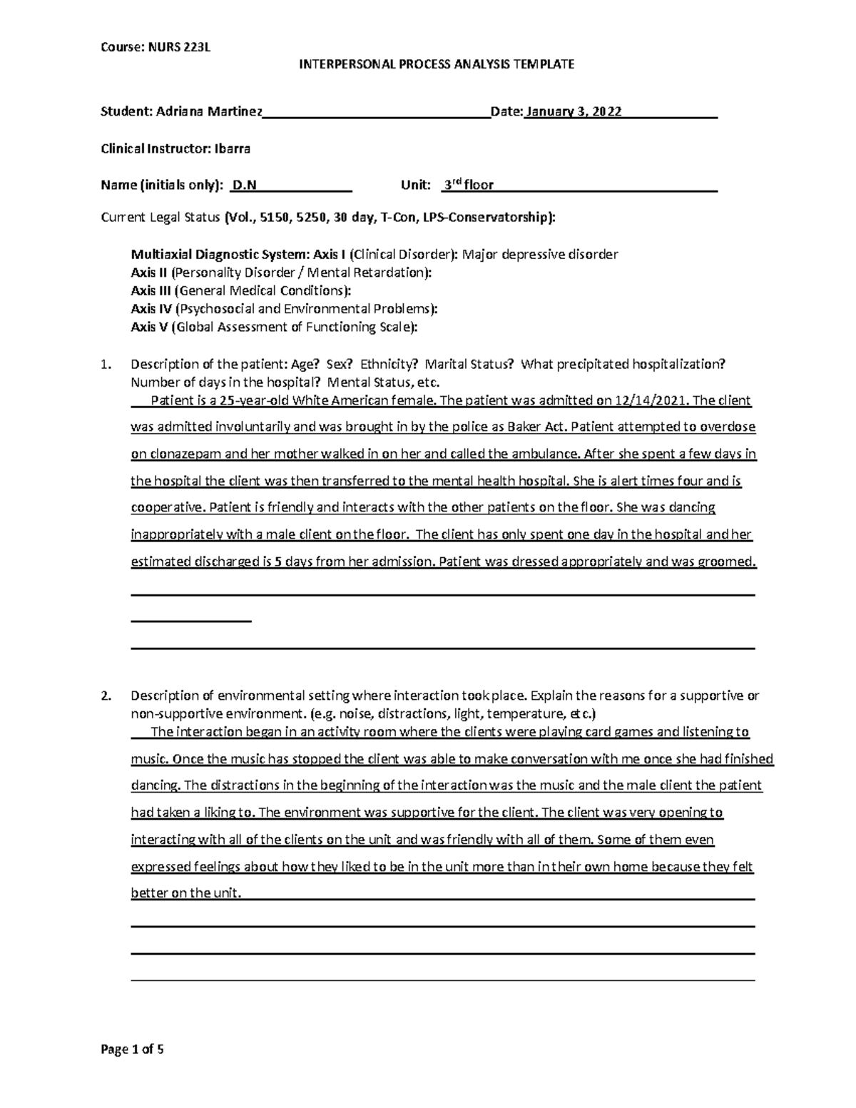 IPA paper mental health - INTERPERSONAL PROCESS ANALYSIS TEMPLATE ...