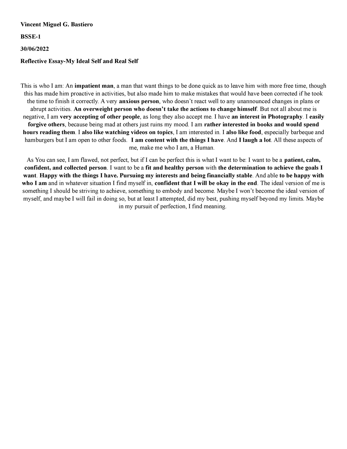 Reflective Essay 1 My Ideal Self And Real Self Vincent Miguel G 