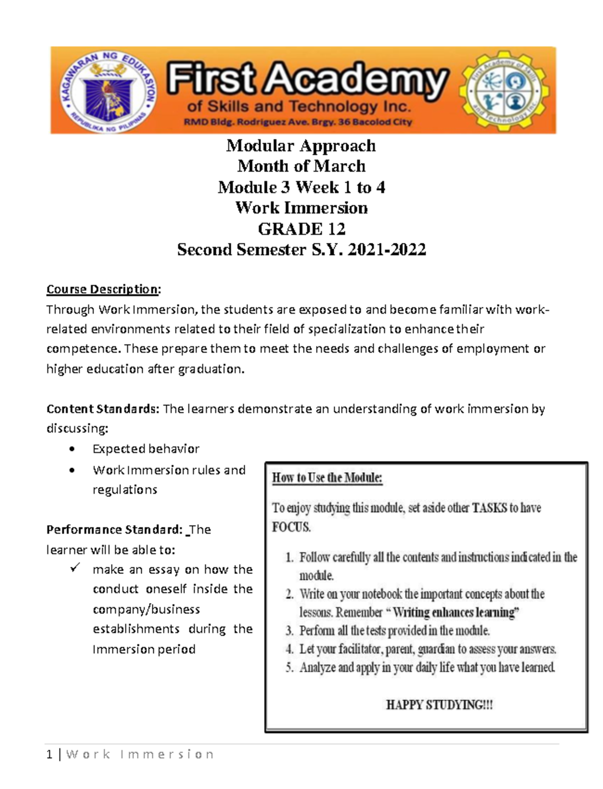 Work Immersion Month of March - 1 | W o r k I m m e r s i o n Modular ...