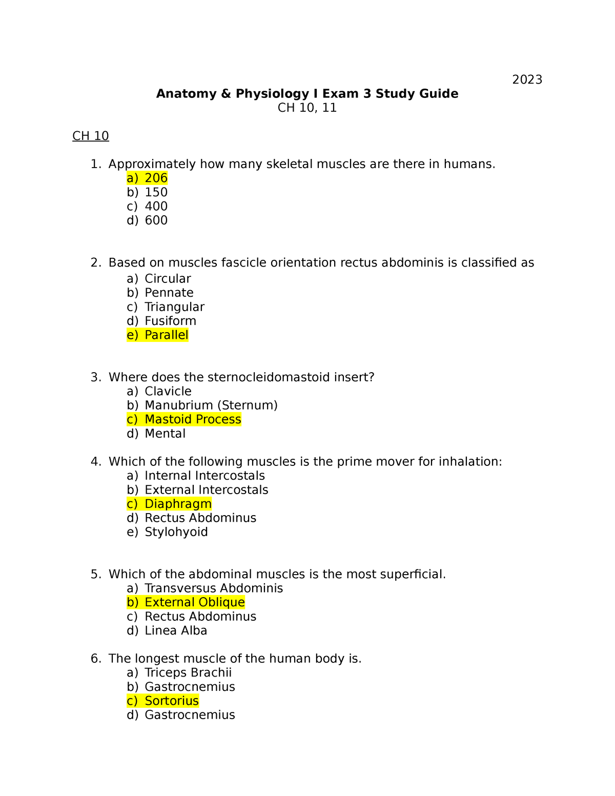 Anatomy & Physiology I Exam 3 Review (CH10, 11) BSC 2085 MDC 2023 ...