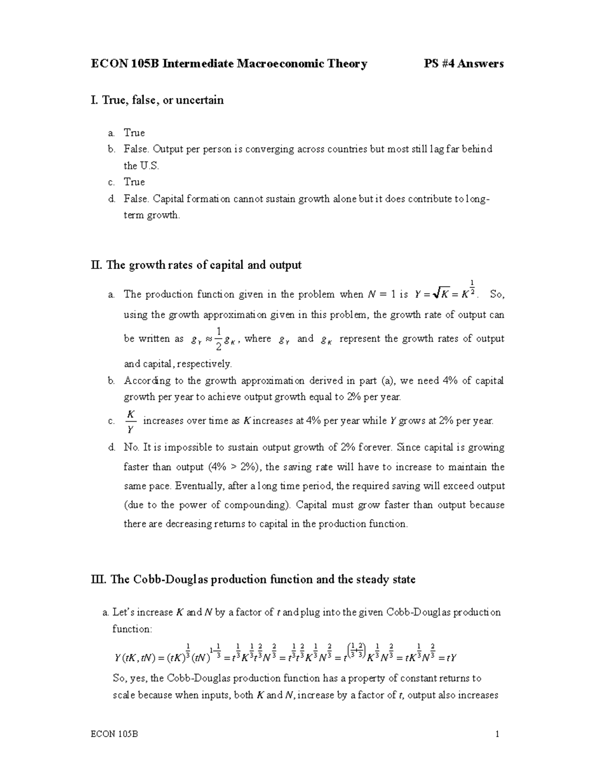 Problem Set 4 Solutions - ECON 105B Intermediate Macroeconomic Theory ...