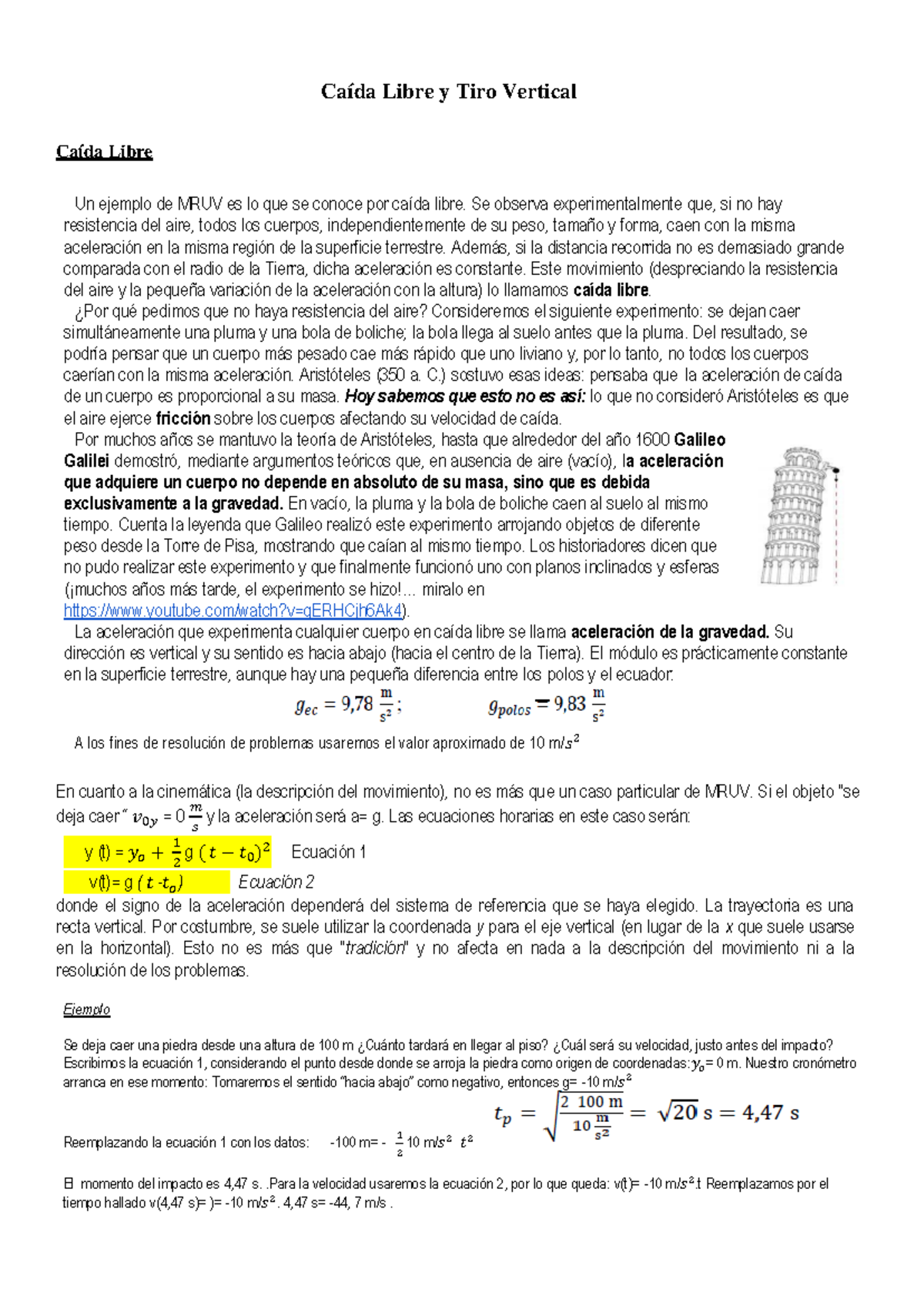 Apuntes tiro vertical 1 Caída Libre Caída Libre y Tiro Vertical Un