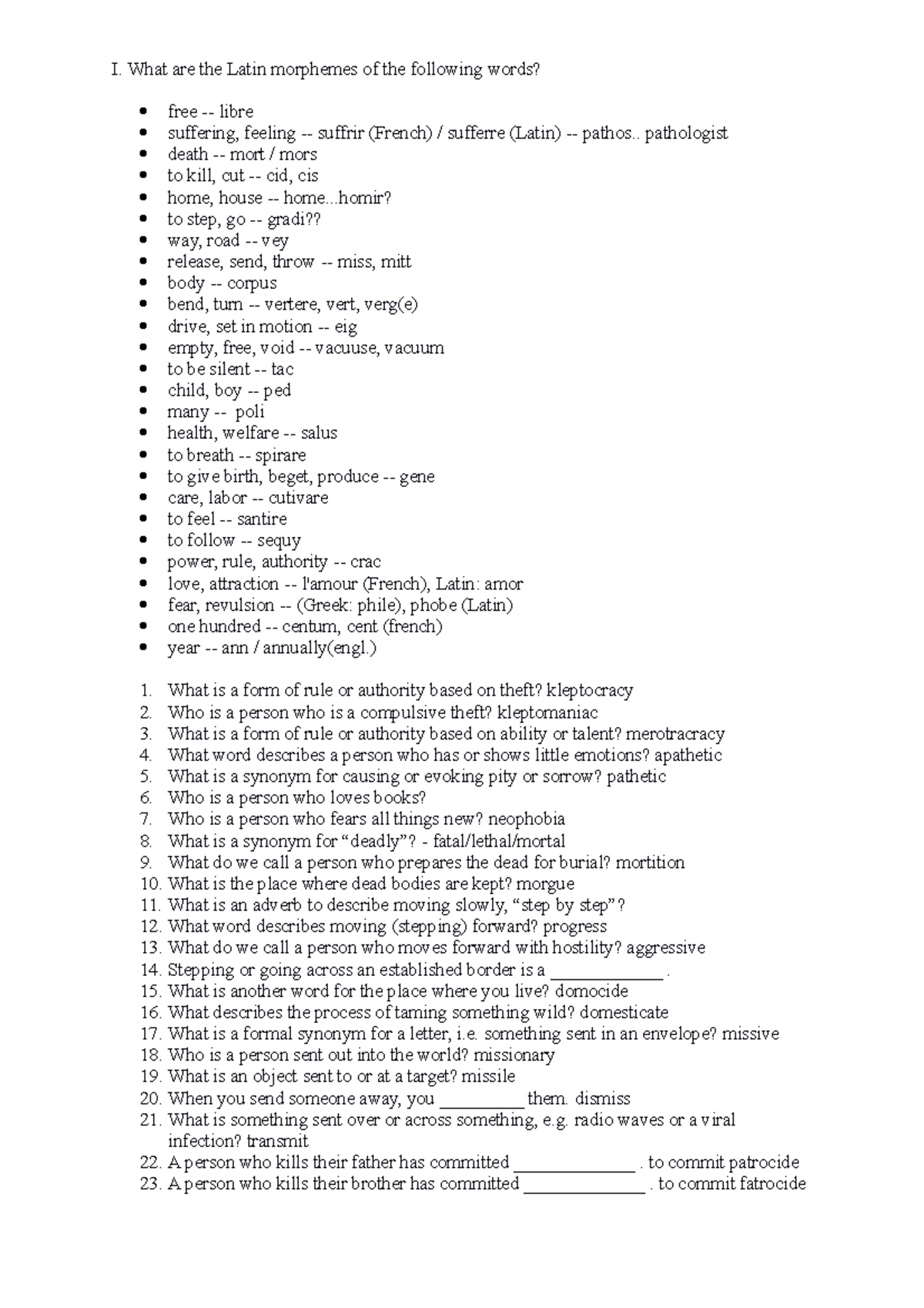 Morphology Worksheet I - I. What are the Latin morphemes of the ...