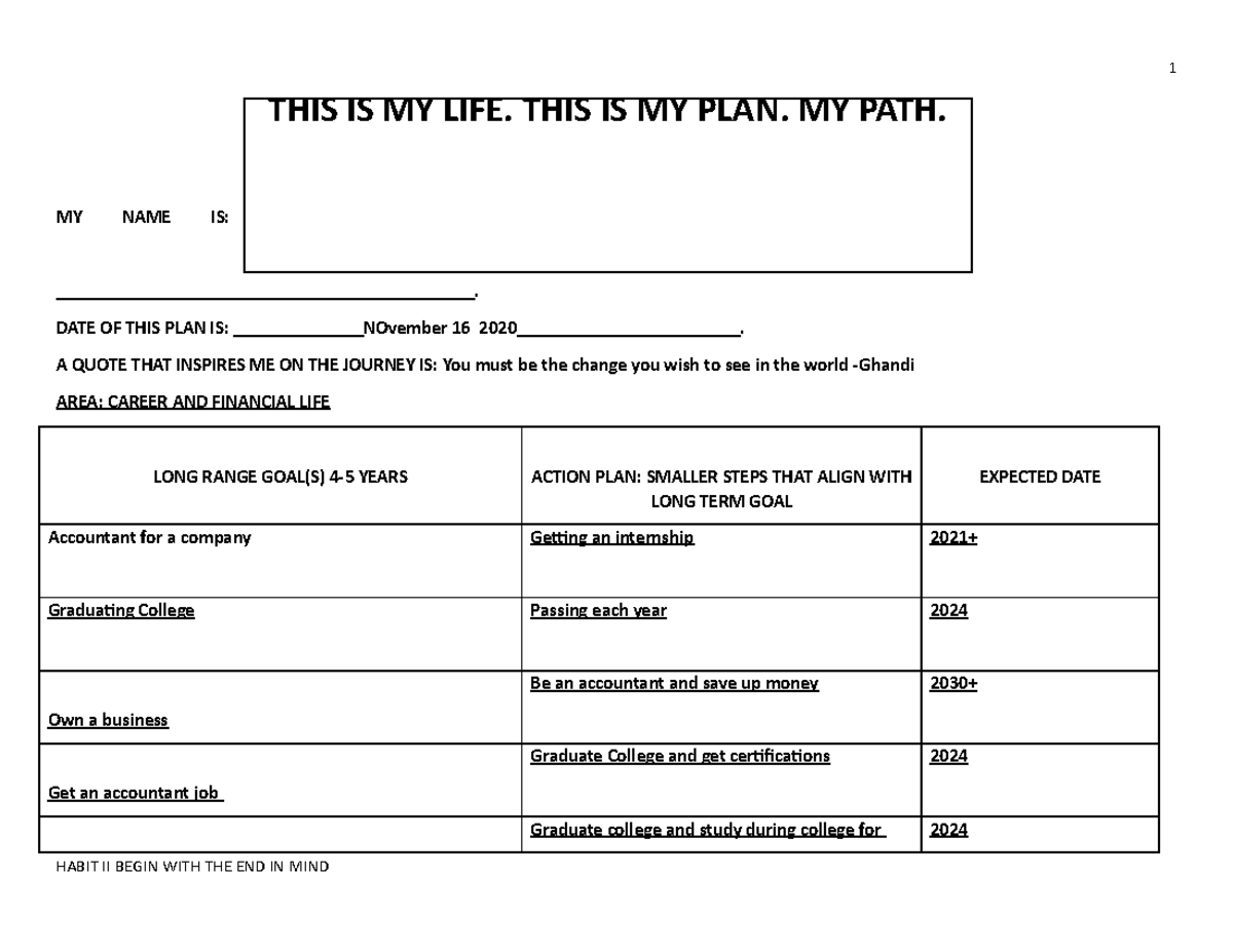 Life Plan My Path - FIlling out a life plan with what you wanna do and ...