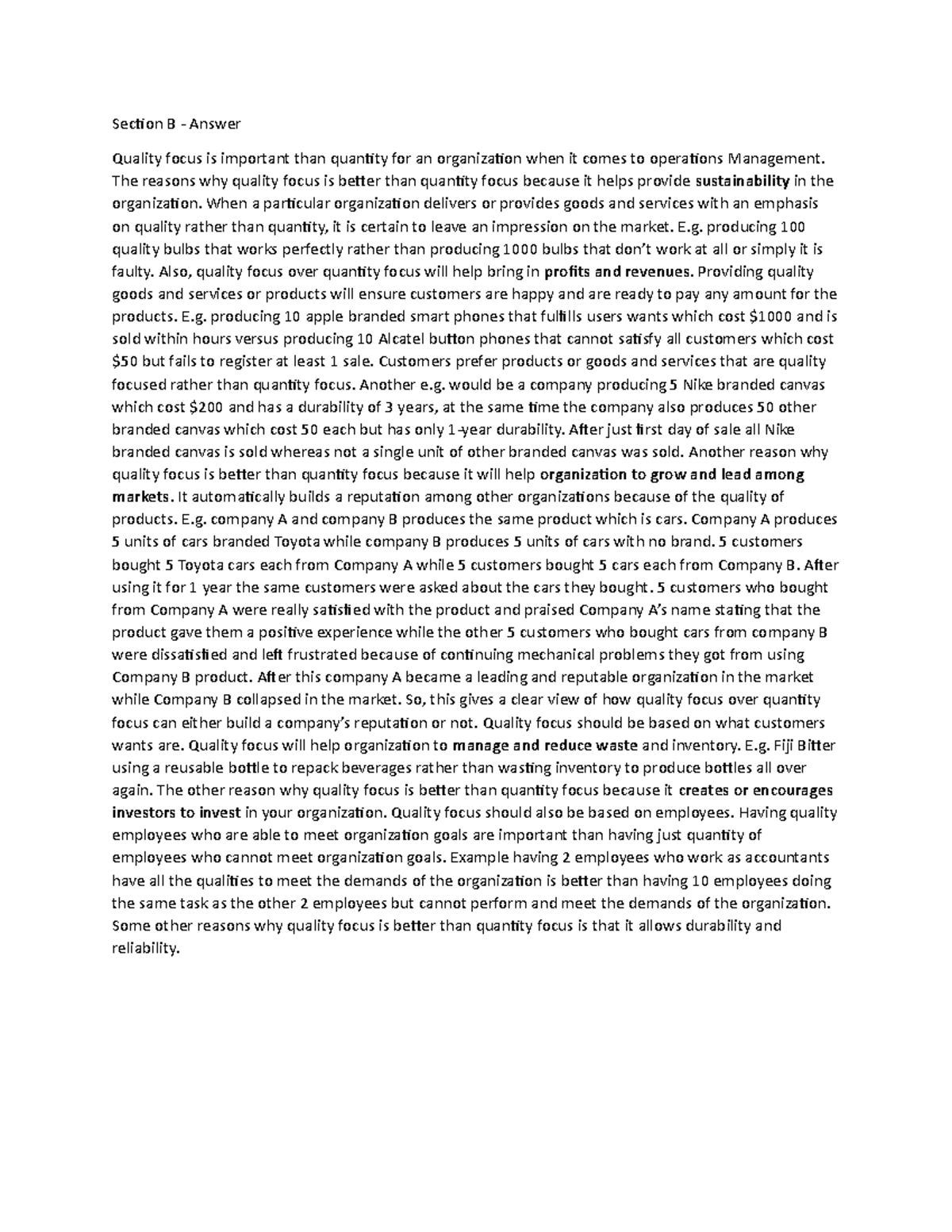 Assignment 1 Section B Long Answes - Operations Management - USP - Studocu