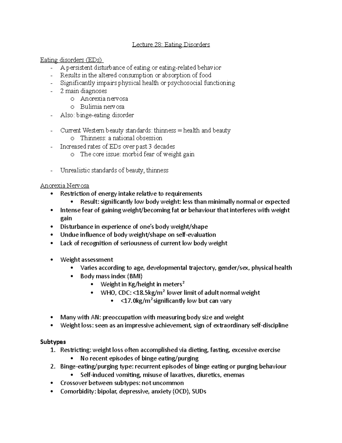 Abnormal Final Exam Notes - Lecture 28: Eating Disorders Eating ...