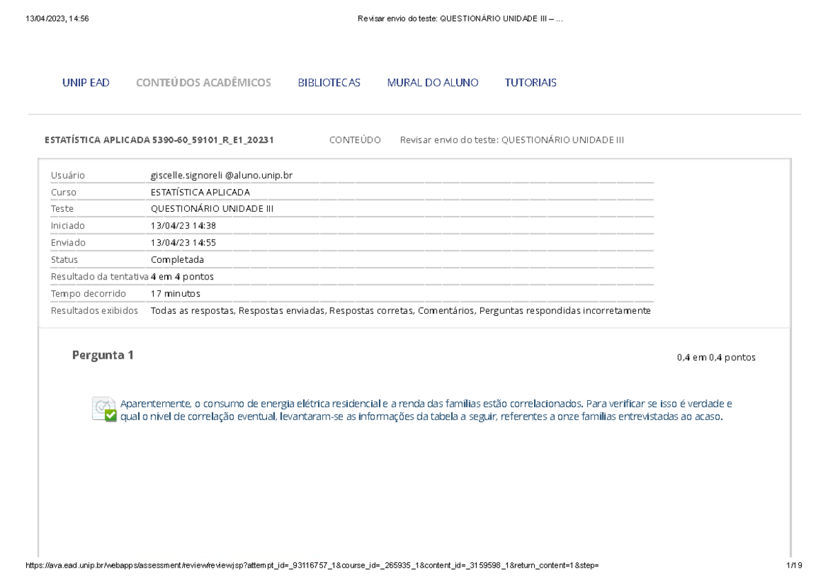 Questionário Unidade III – Estatistica Aplicada - ESTATÍSTICA APLICADA ...