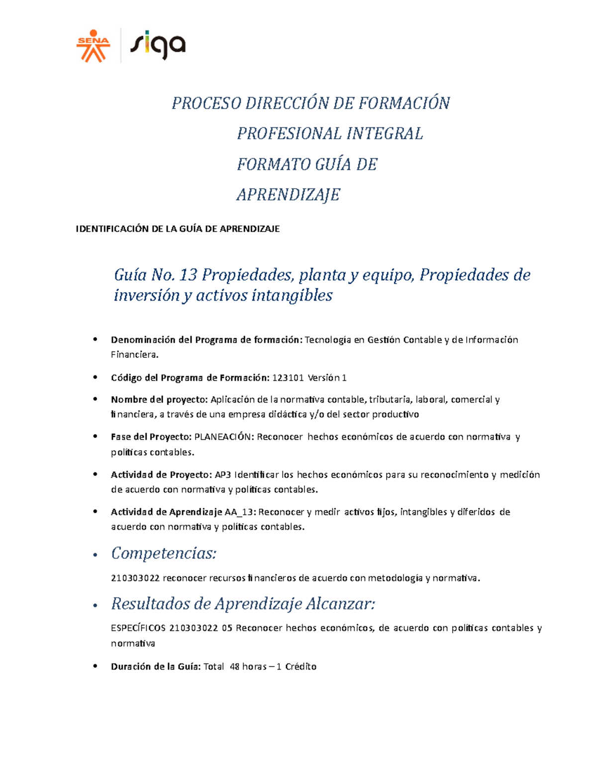 Guía 13 Propiedad Planta Y Equipo Proceso DirecciÓn De FormaciÓn Profesional Integral Formato 2417