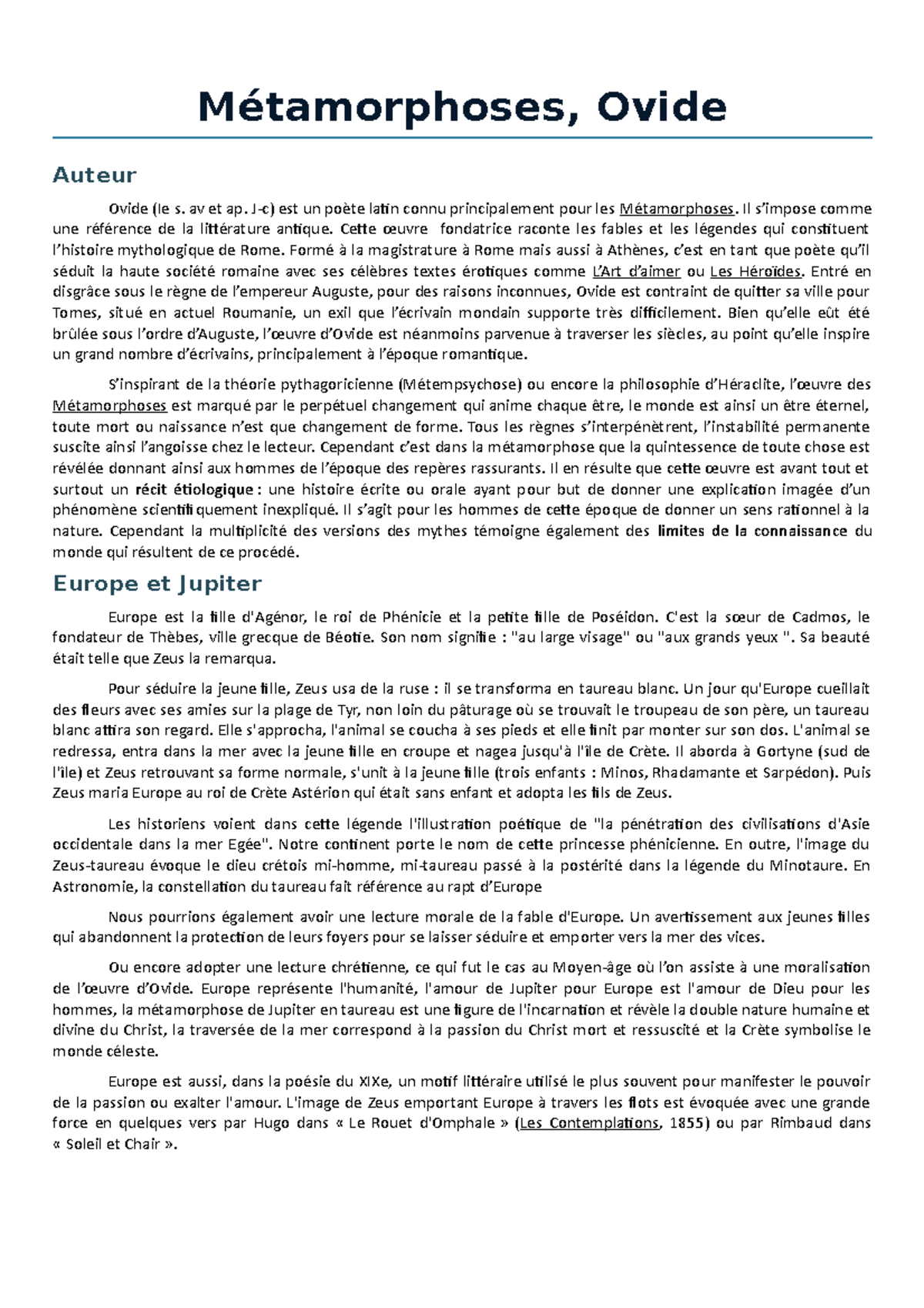 Les 16 Métamorphoses D ovides Resumé Qcm Métamorphoses - Professeur: Sandrine Burlaud - Métamorphoses, Ovide Auteur  Ovide (Ie s. av et ap. - Studocu