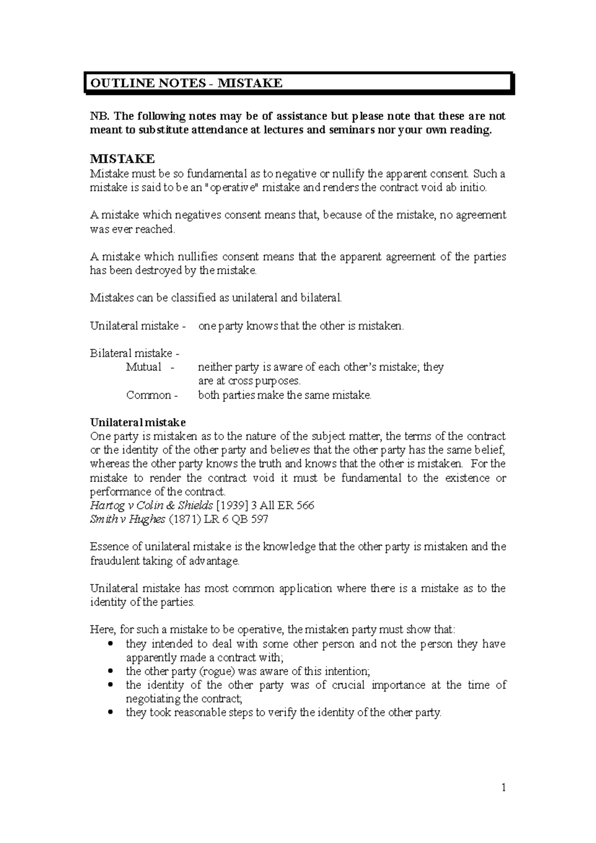 Mistake - OUTLINE NOTES - MISTAKE NB. The following notes may be of ...