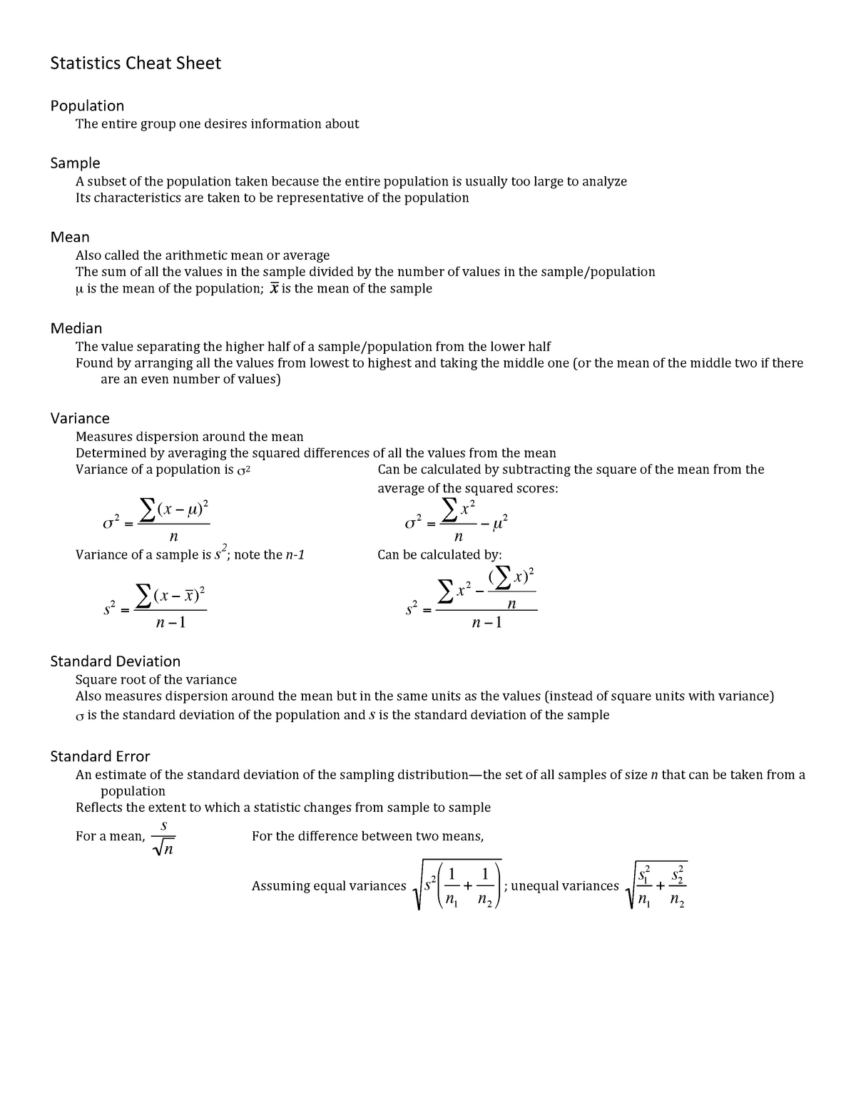 Introduction To Statistics Cheat Sheet Formulas Studocu