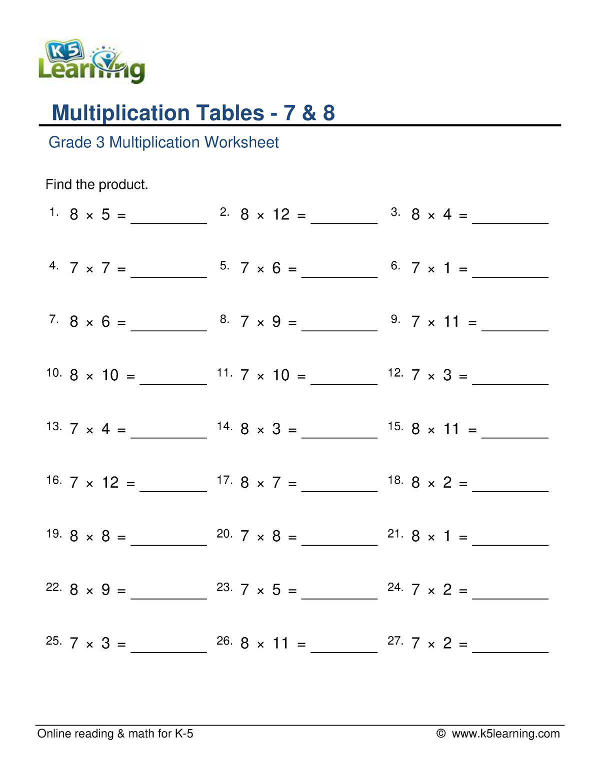 Grade 3 multiplication table 7 8 f - Online reading & math for K-5 ...