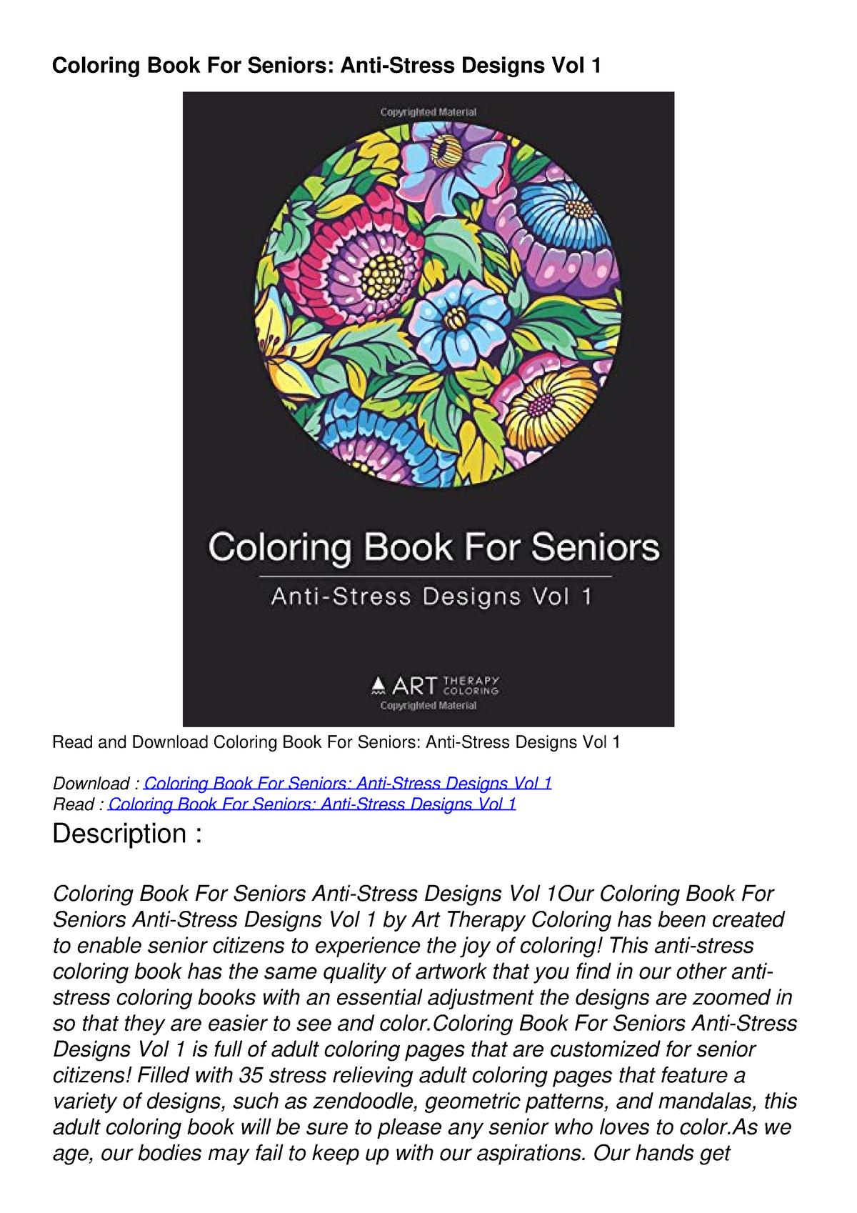 Download Book [PDF] Coloring Book For Seniors AntiStress Designs Vol