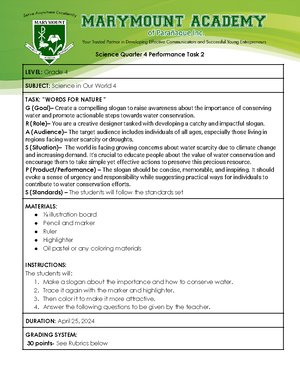 PT 3 - Science Quarter 4 Performance Task 3 LEVEL: Grade 4 SUBJECT ...