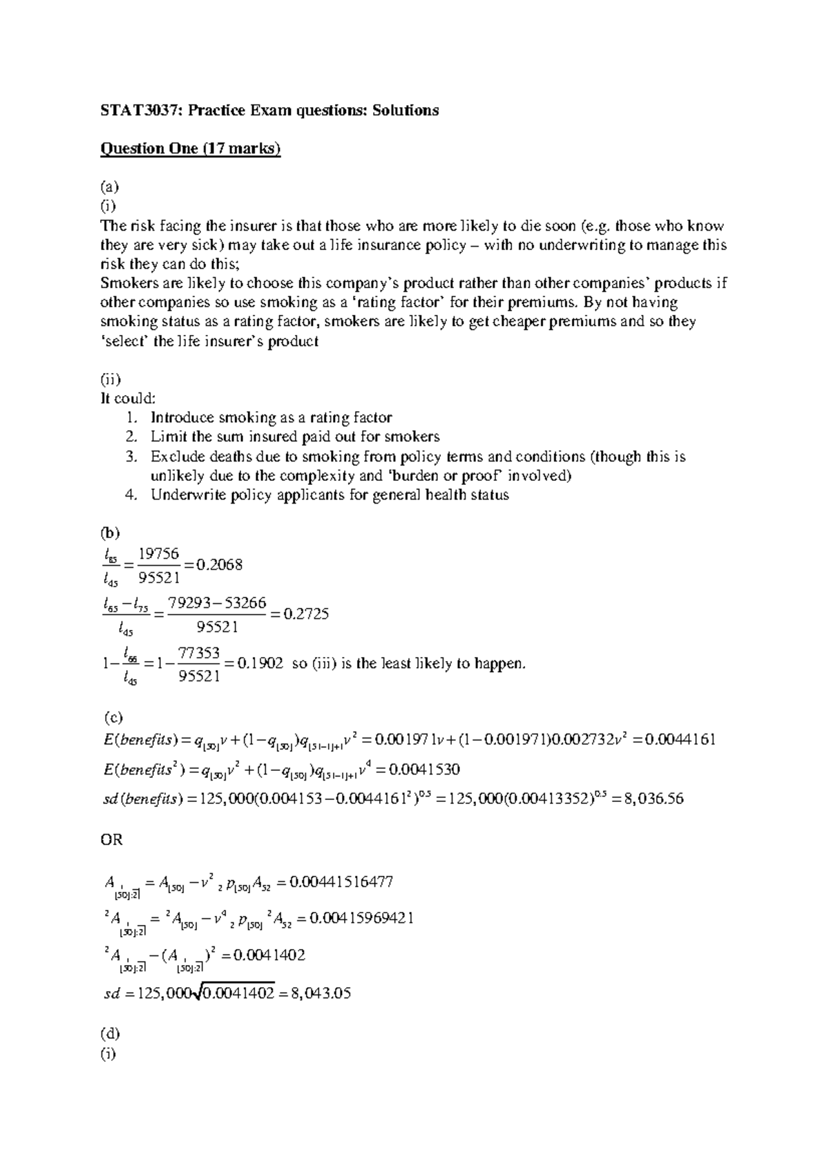 Practice Questions From Previous Final Exams - Solutions - STAT3037 ...