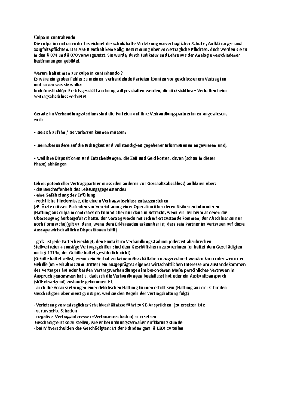Culpa In Contrahendo Beispiel Culpa in contrahendo selbst erstellt aus internet + buch un ZF - Culpa