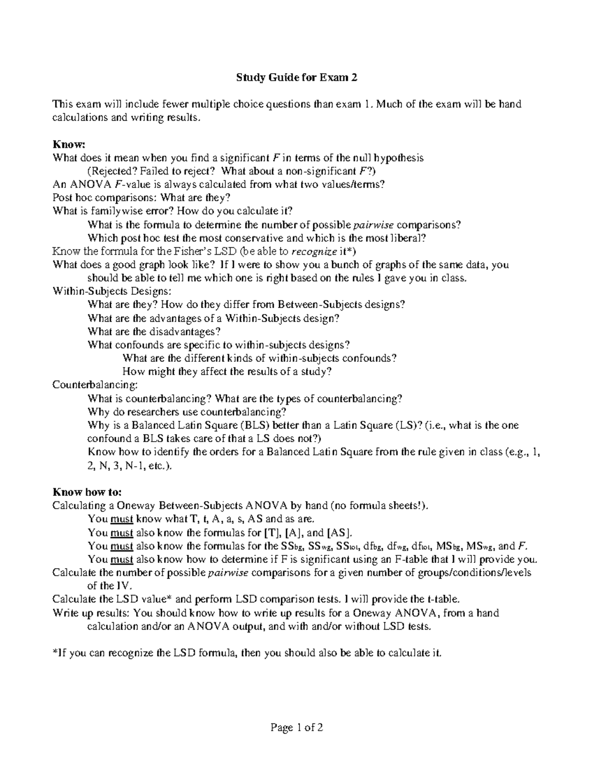 Study Guide FOR EXAM 2 S23 - Page 1 of 2 Study Guide for Exam 2 This ...