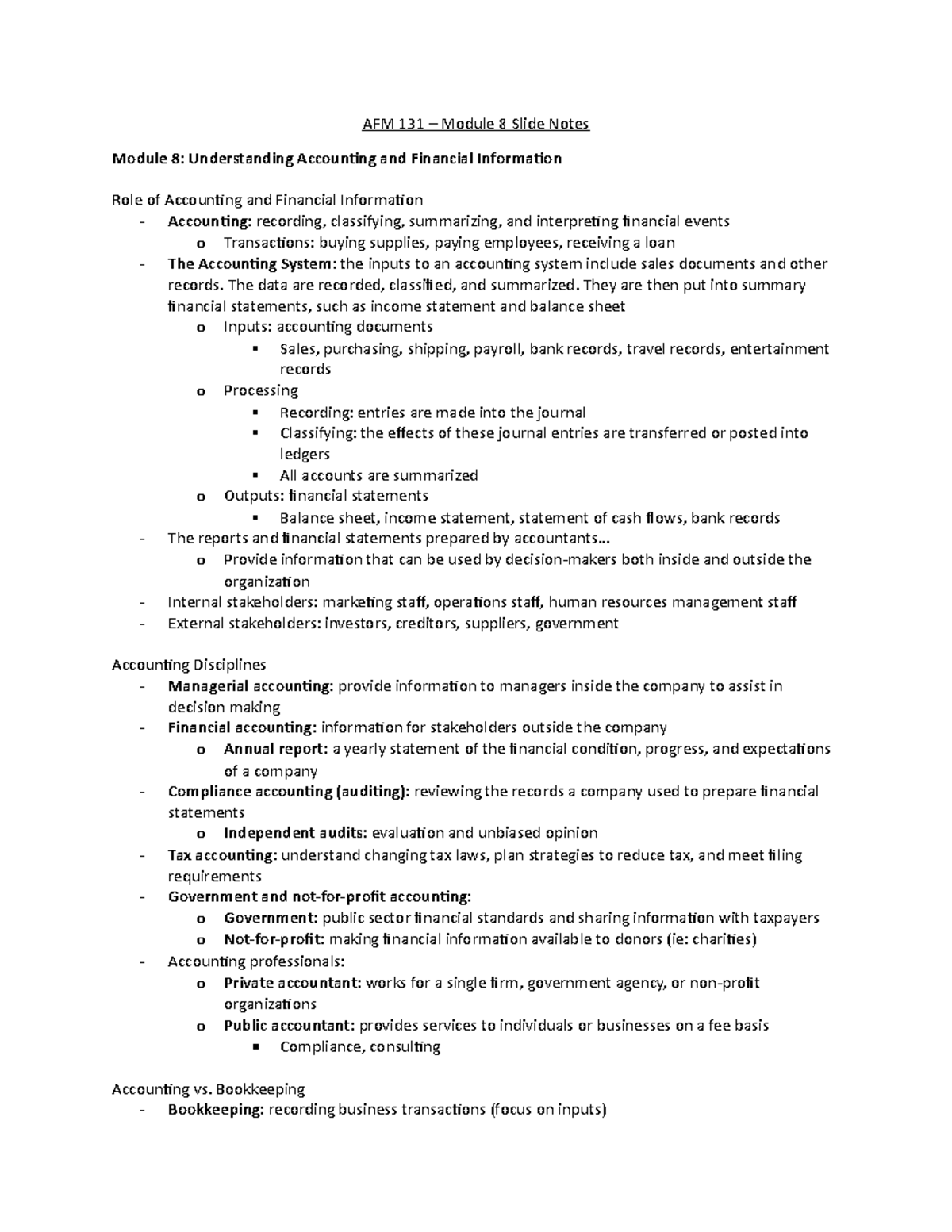 Module 8 Slide Notes - AFM 131 Module 8 Slide Notes Module 8 ...