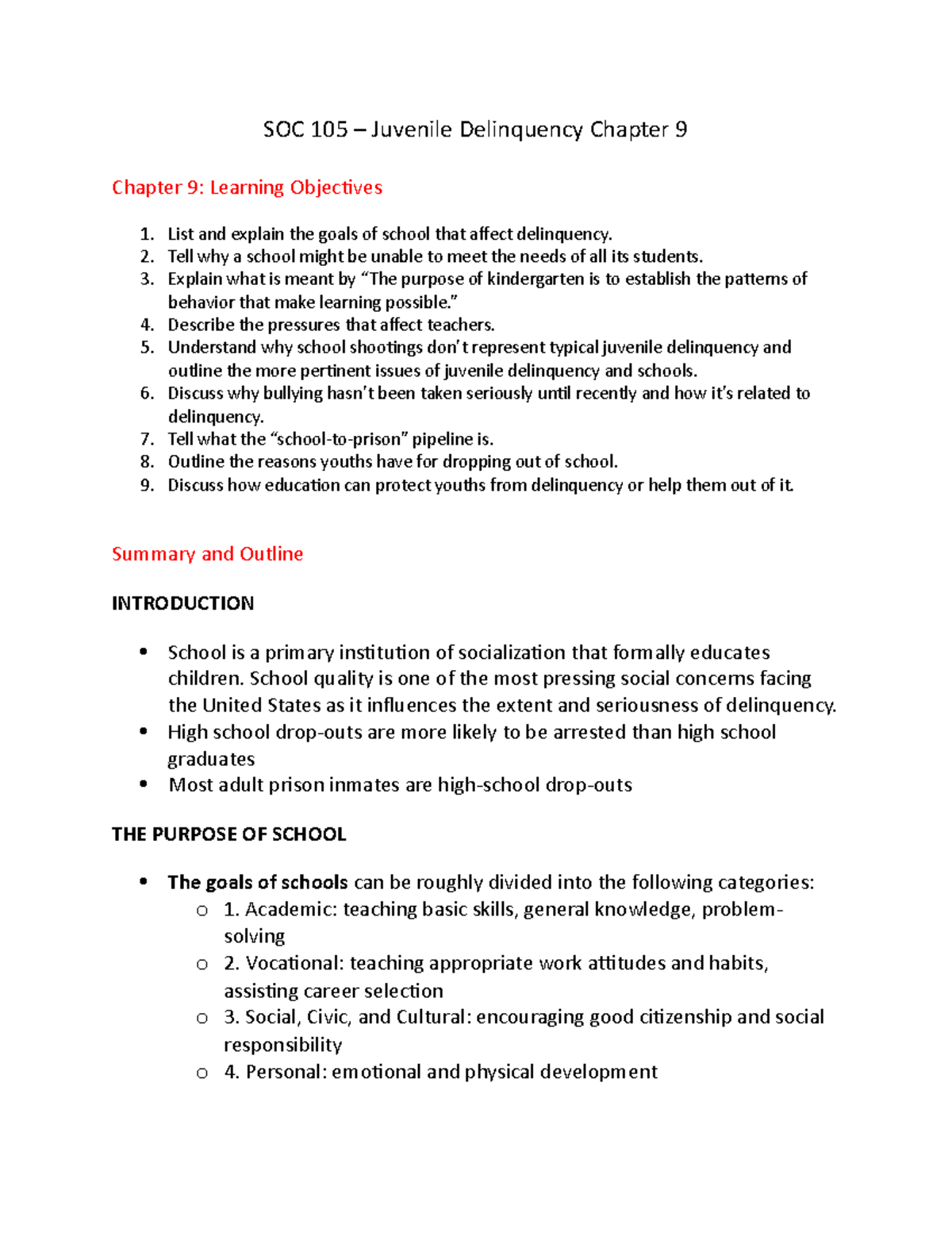 SOC 105 Chapter 9 Notes - The Purpose Of School - SOC 105 – Juvenile ...