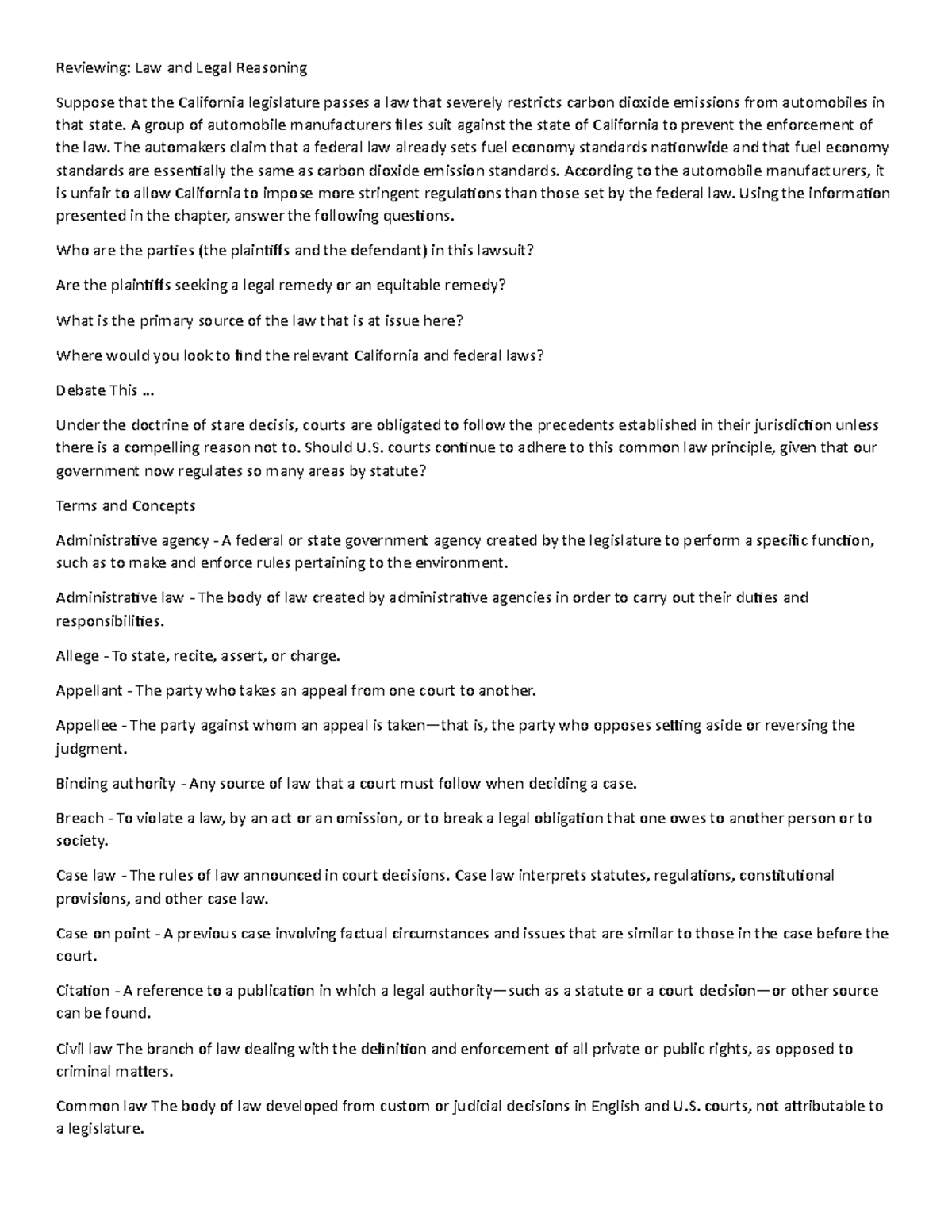 Chapter 1 Review - Legal law - Reviewing: Law and Legal Reasoning ...