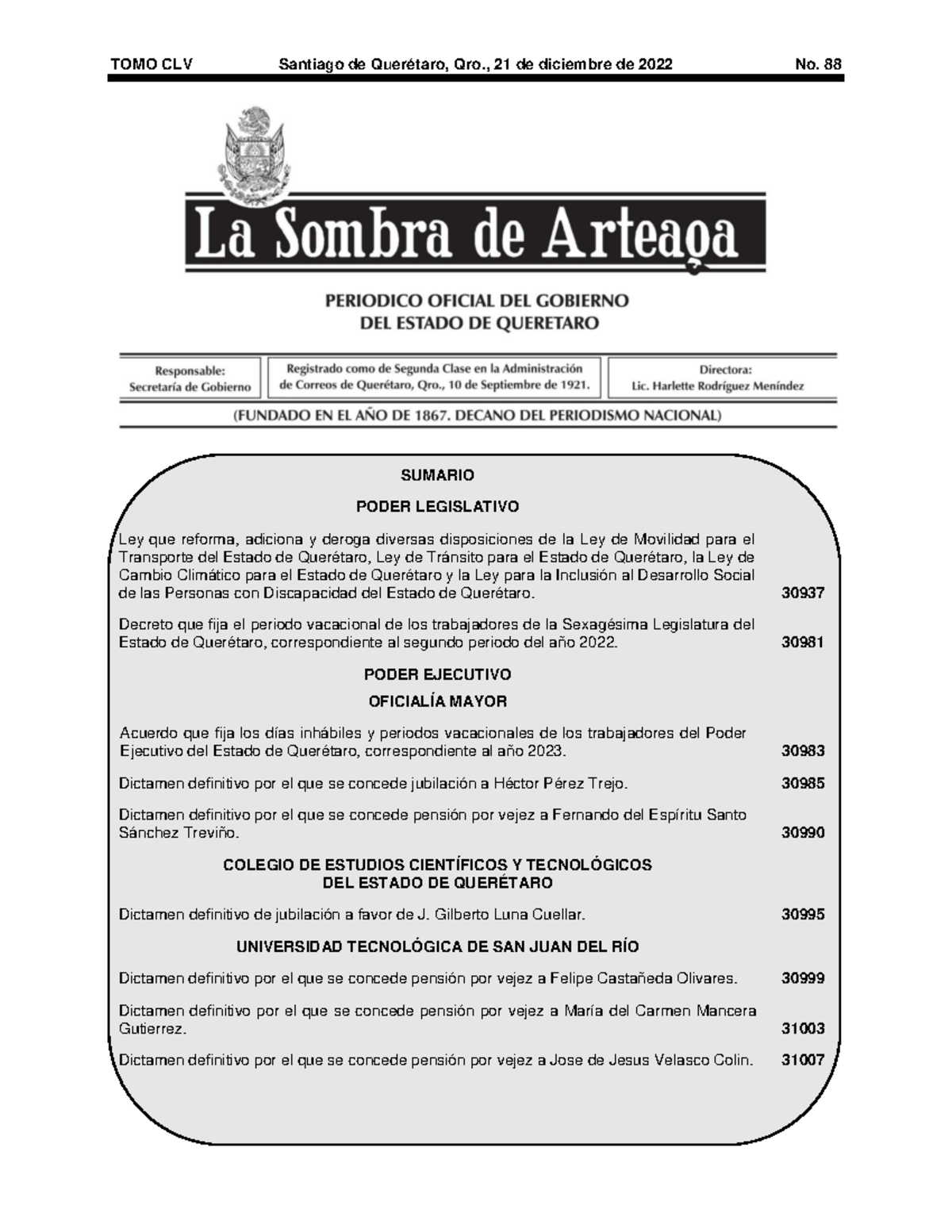 Diario Oficial La Sombra de Arteaga TOMO CLV Santiago de Querétaro