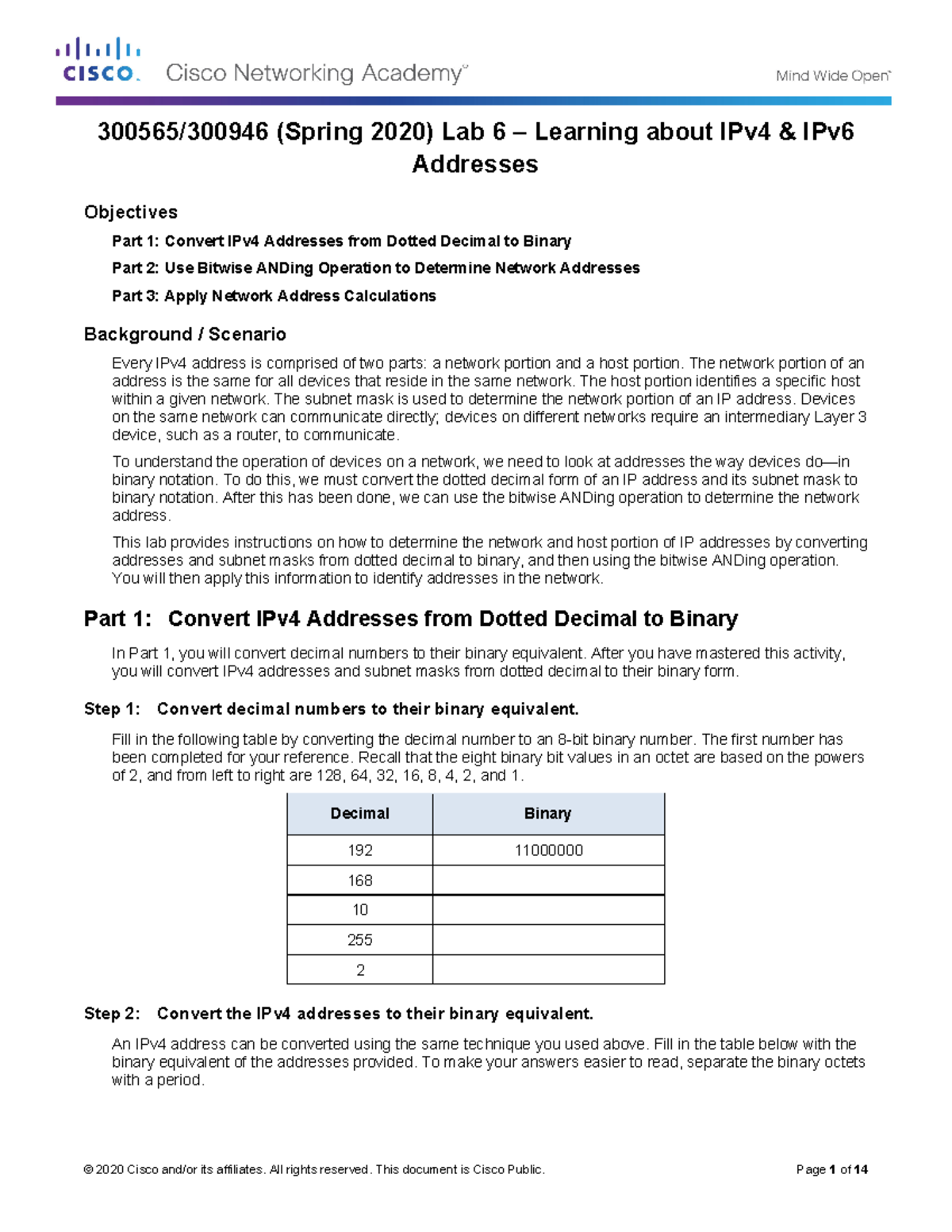 Lab 6 - Learning about IPv4 and IPv6 Addresses 2020 - 300565/300946 ...