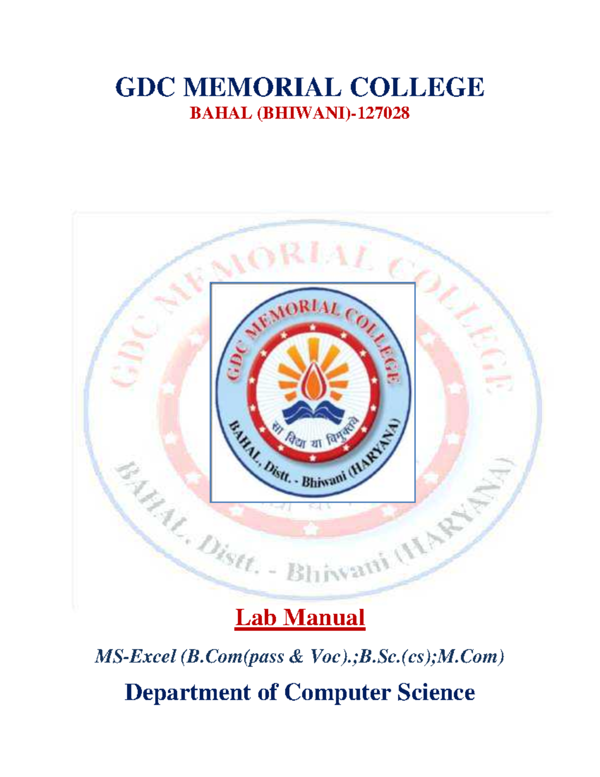 MS Excel GDC MEMORIAL COLLEGE BAHAL (BHIWANI) Lab Manual MSExcel (B