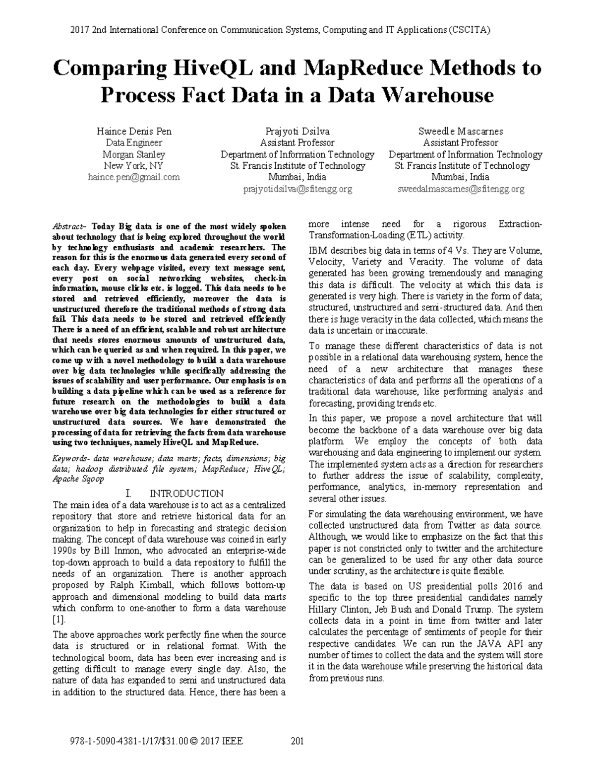 Comparing Hive QL and Map Reduce methods to process fact data in a data warehouse Comparing