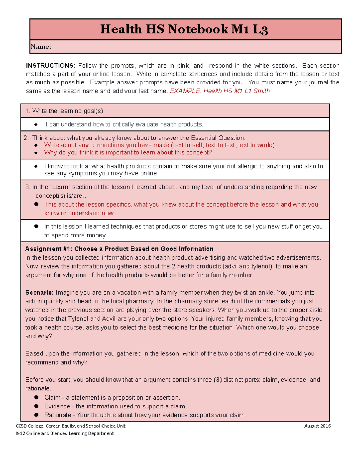 Health HS M1 L3 Journal Health HS Notebook M1 L Name INSTRUCTIONS Follow the prompts, which