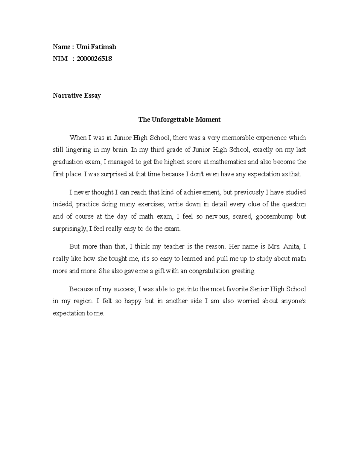 narrative essay about unforgettable moment