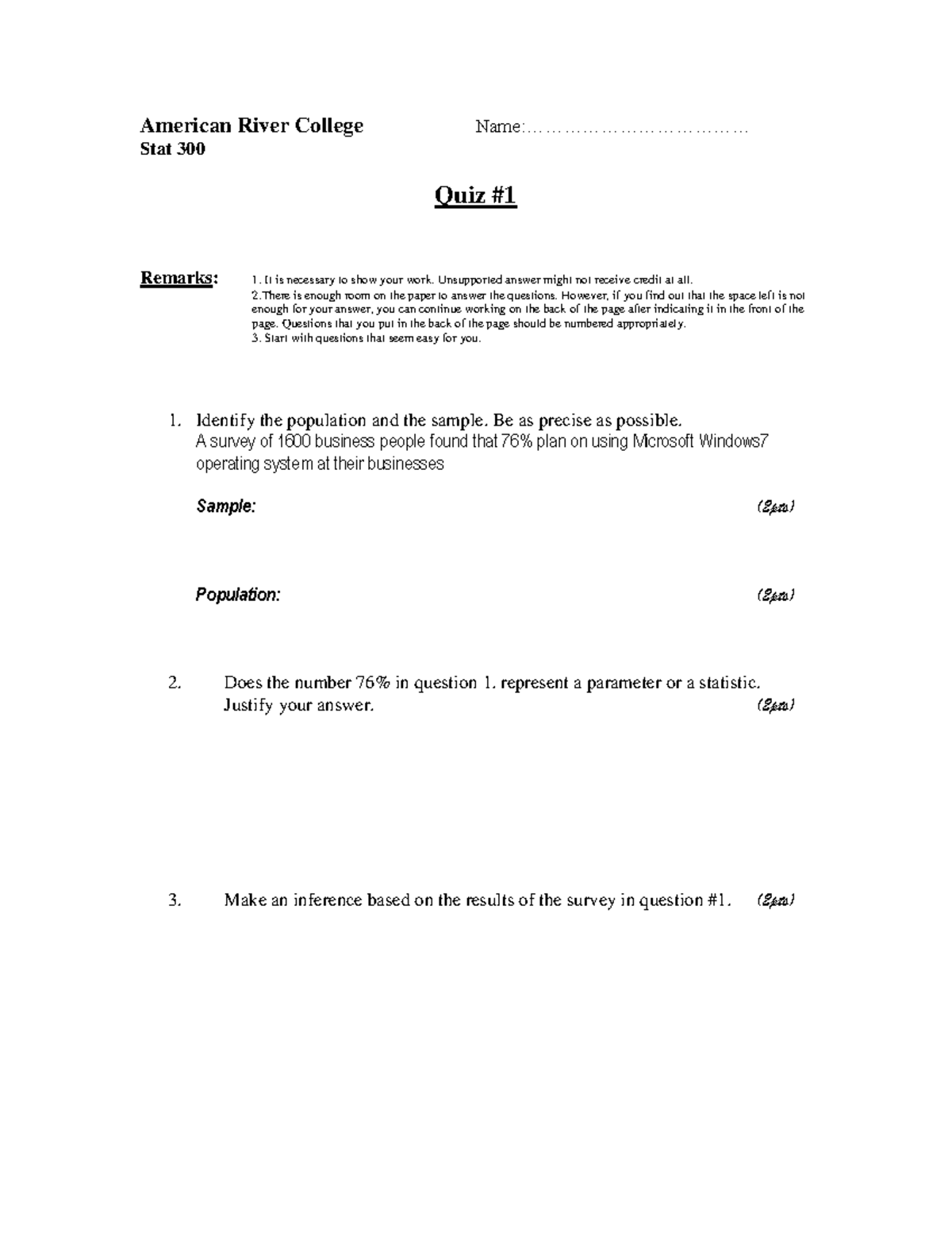 Stat300Quiz1G Hw For Class American River College Name