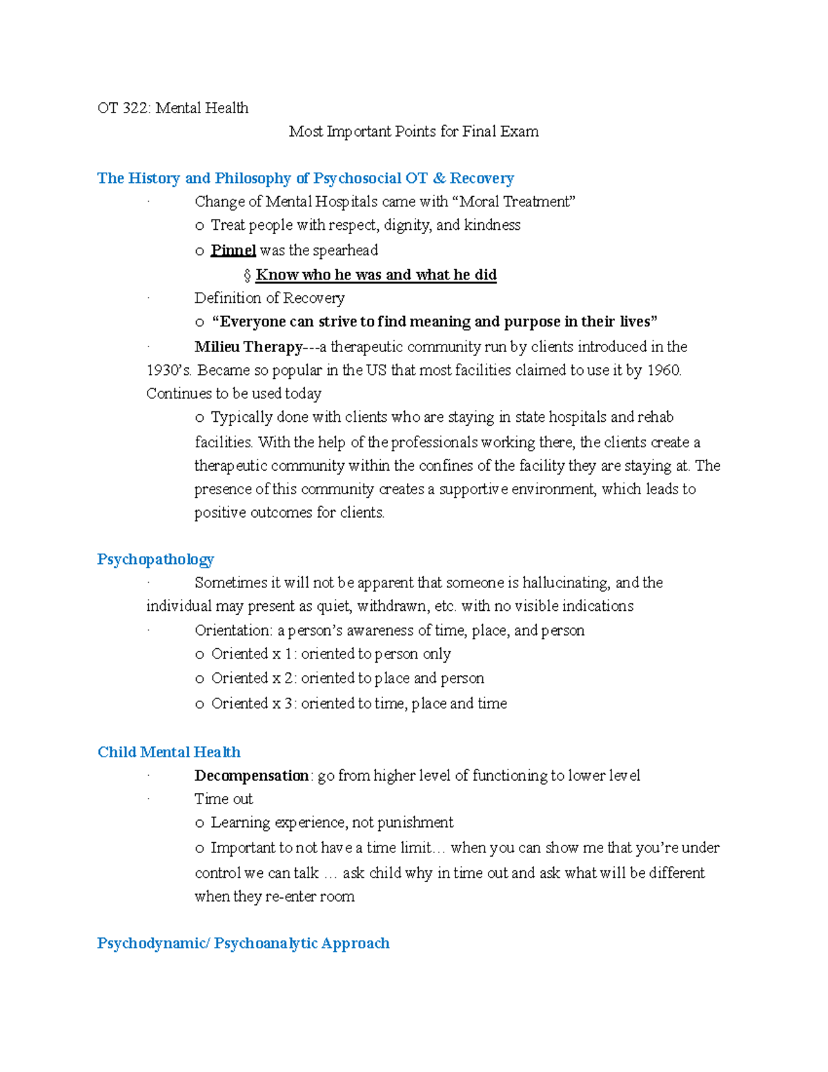 MH Important Points professor Dr. Lambert OT 322 Mental Health