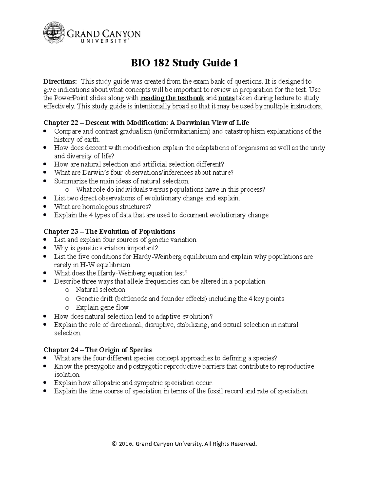 BIO 182 RS Study Guide 1 - Exam 1 - BIO 182 Study Guide 1 Directions ...