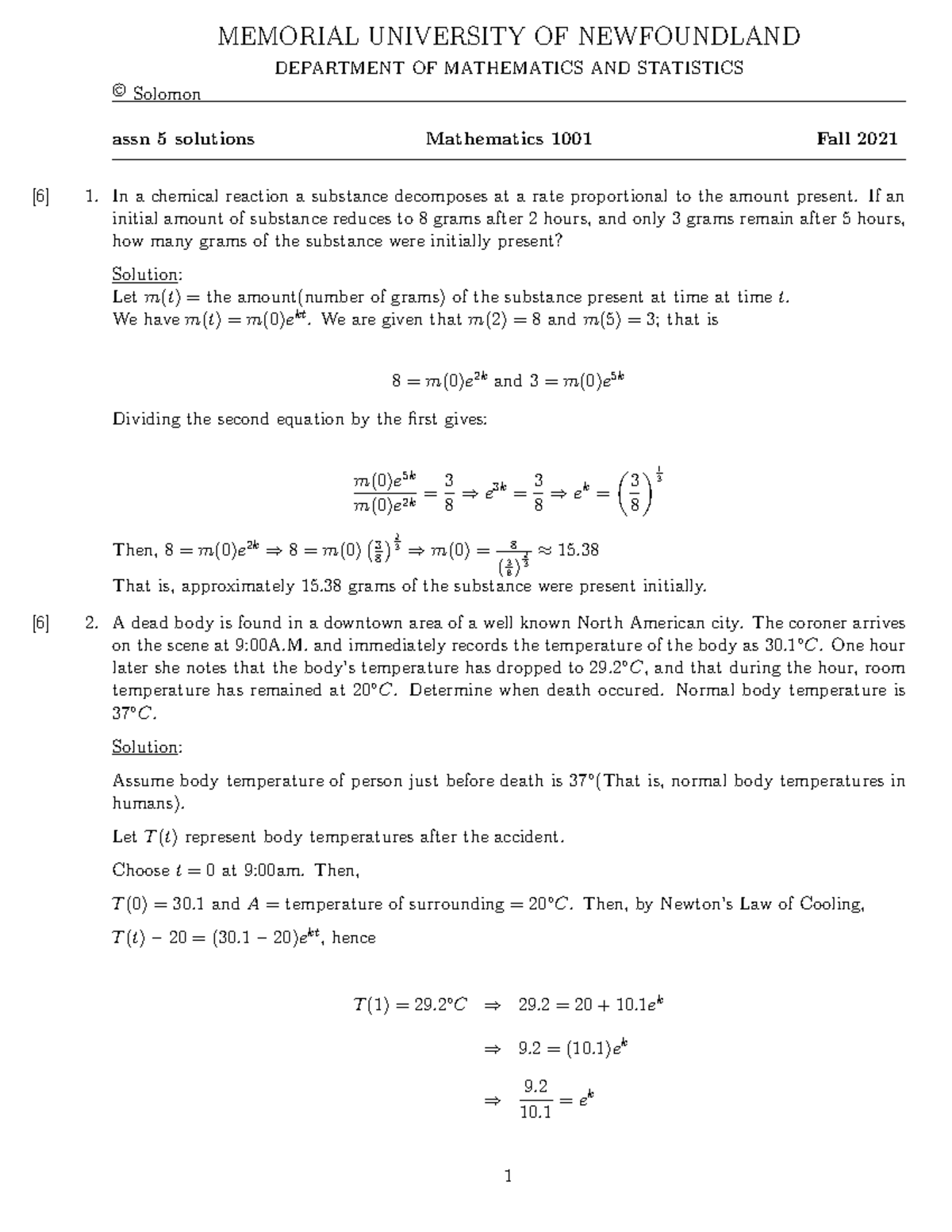 Assn5sol F21 - Assignment 5 solutions - © Solomon MEMORIAL UNIVERSITY ...