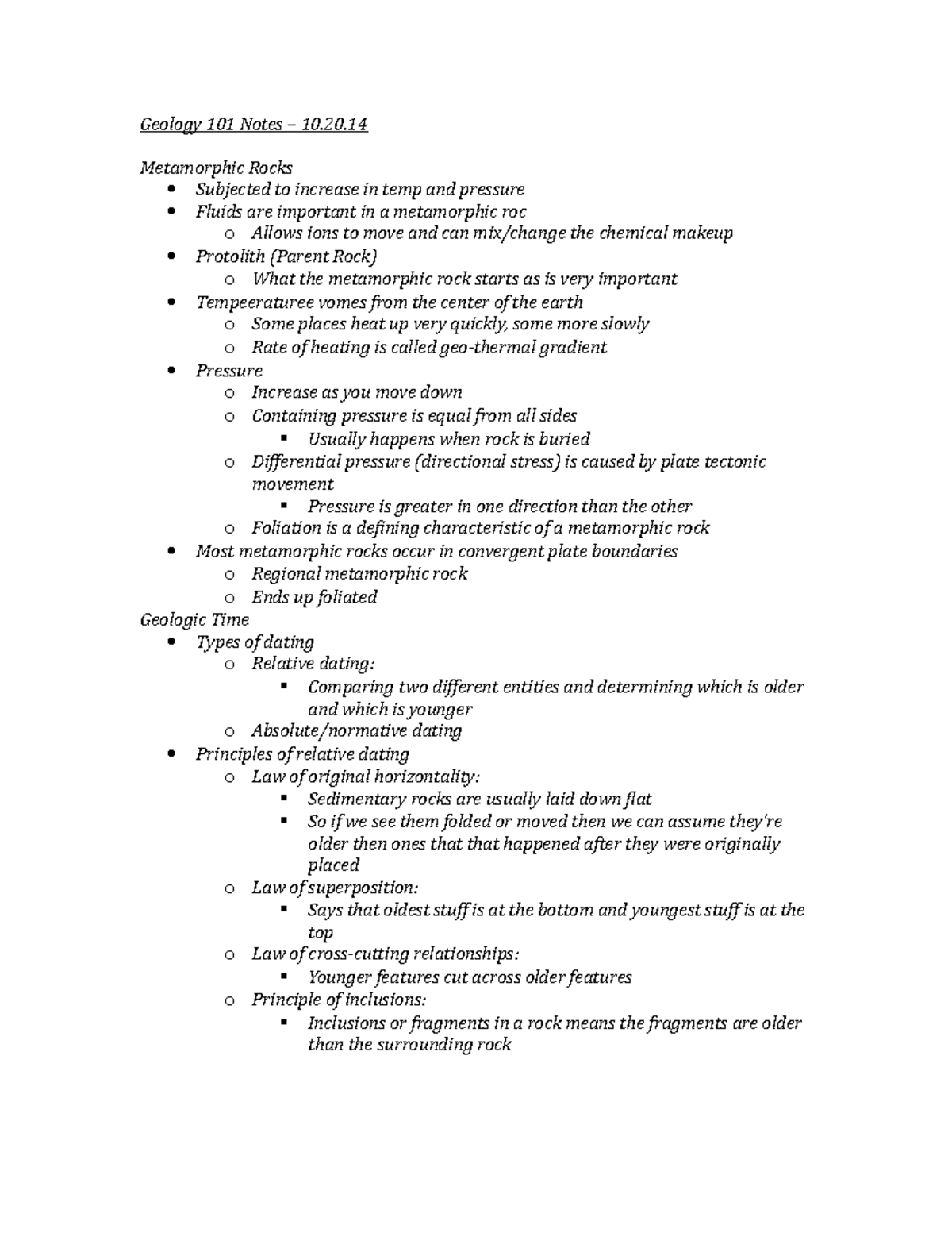 Geology 101 Notes – 10/20/14 - Geology 101 Notes – 10. Metamorphic ...