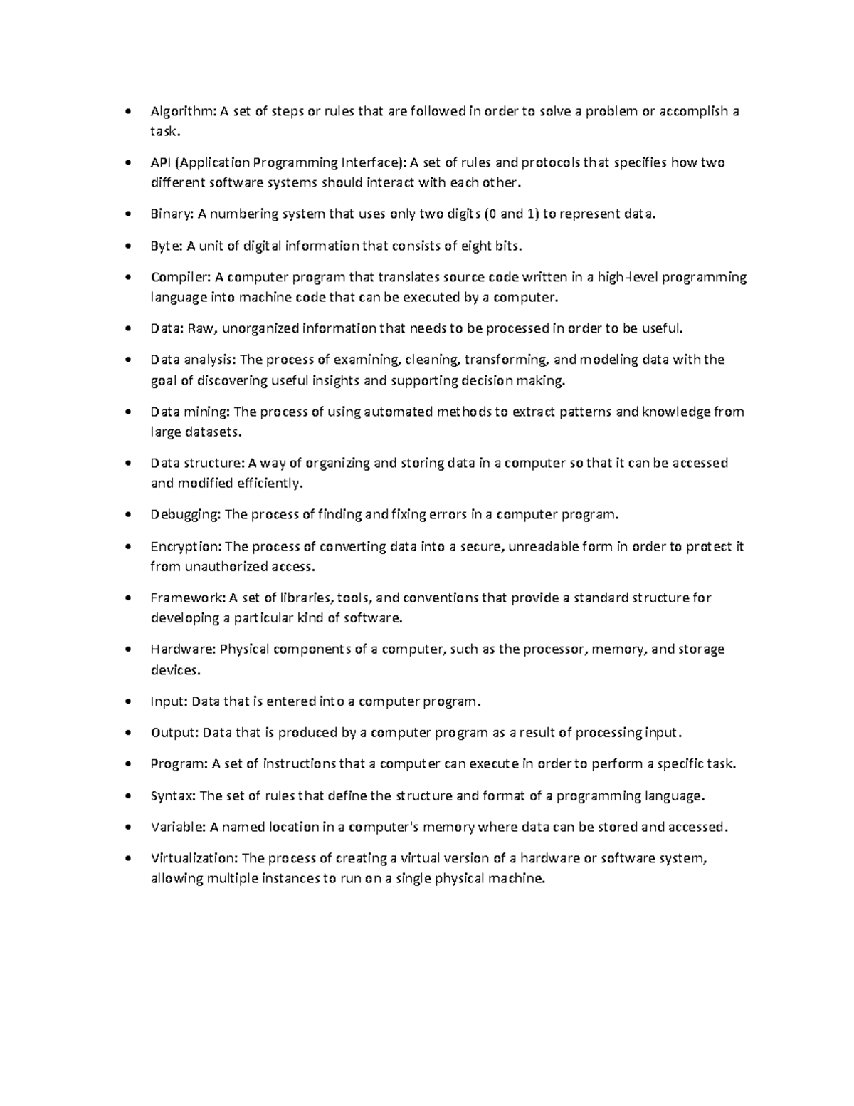 Comp 110 vocab list • Algorithm A set of steps or rules that are
