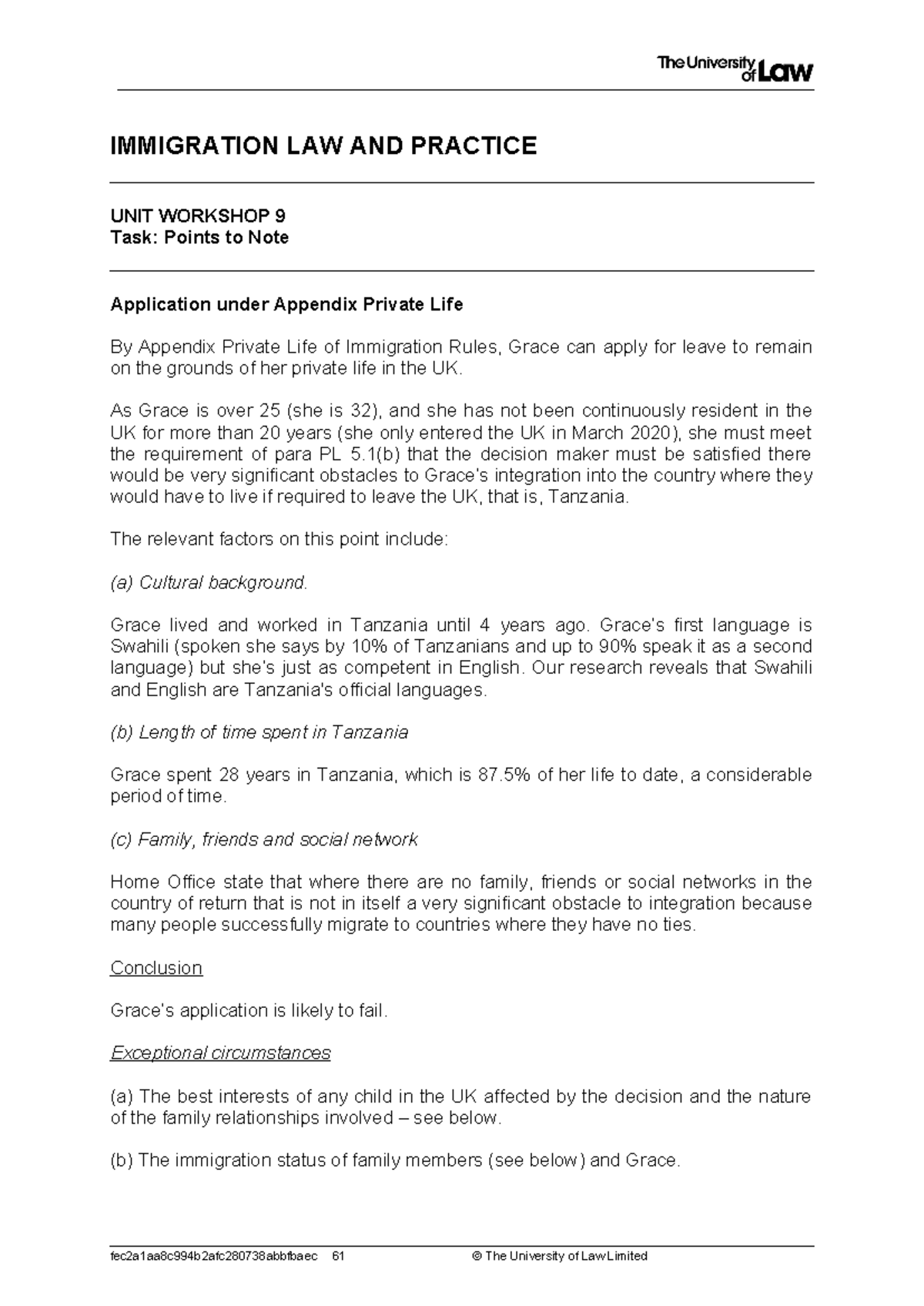 points to note for worksop 9 immigration module - IMMIGRATION LAW AND ...