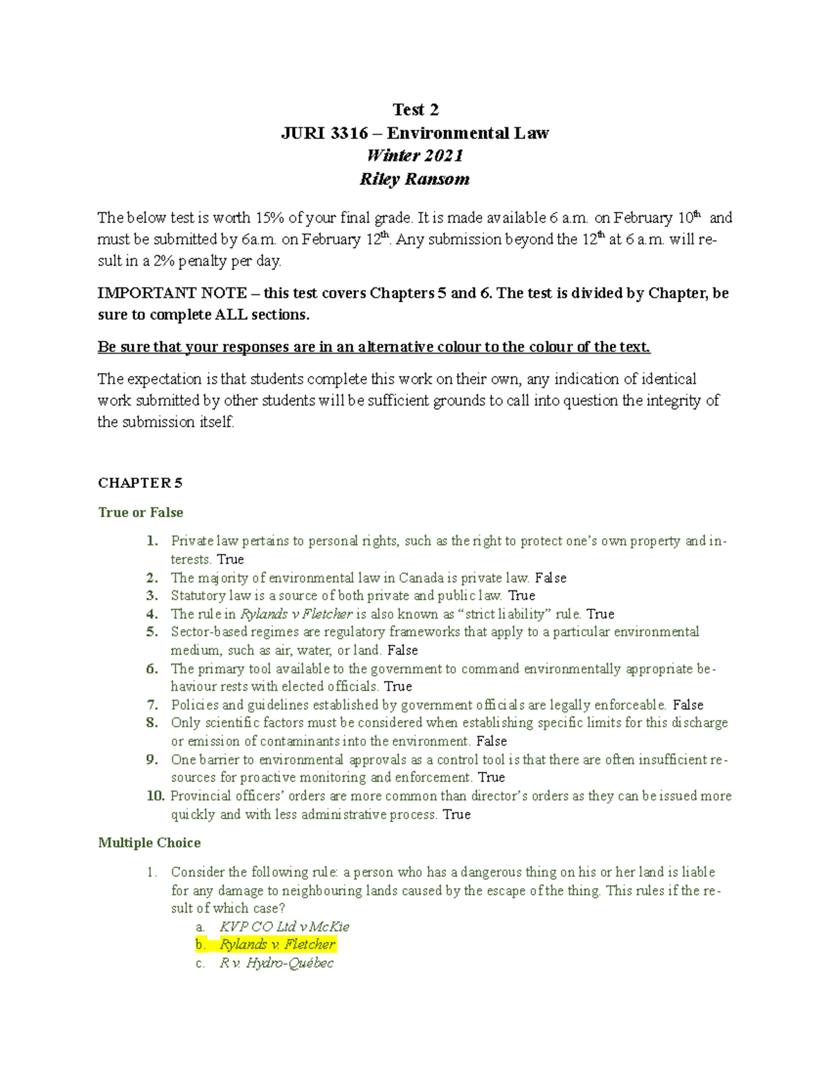 Environmental Law Test 2 JURI3316EL Laurentian Studocu