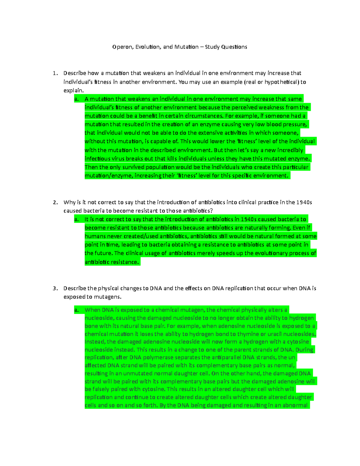 Operon, Evolution, and Mutation – Study Questions - Operon, Evolution ...
