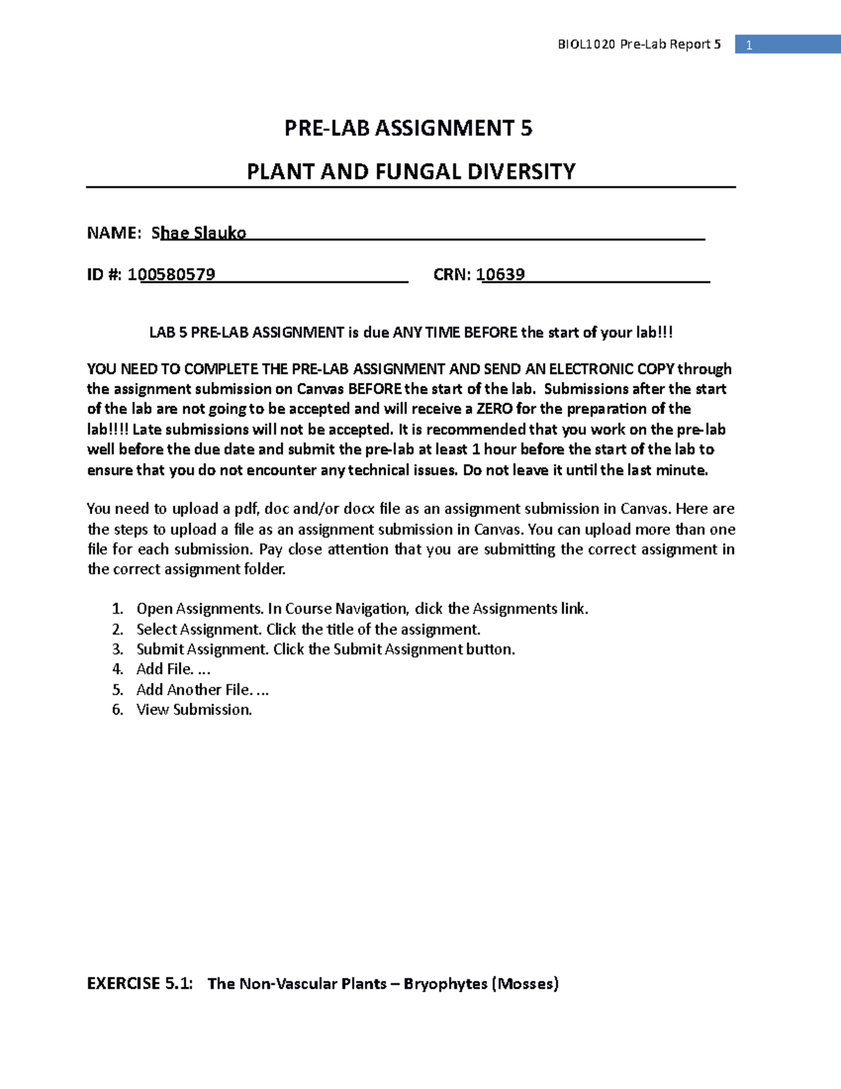 Lab 5-Pre-Lab Assignment S2022 - PRE-LAB ASSIGNMENT 5 PLANT AND FUNGAL ...